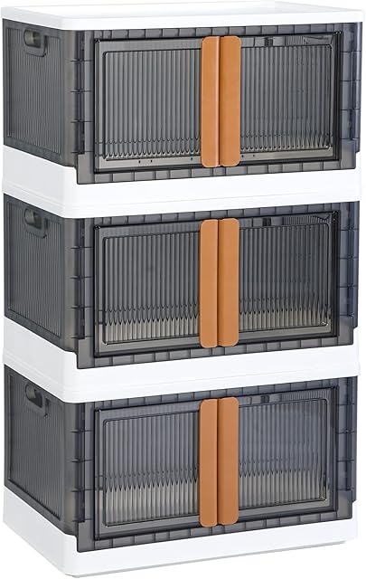 HAIXIN Plastic Storage Boxes - Collapsible Storage Bins, Wardrobe Closet Organiser, 95L Stackable Toy Storage, Foldable Plastic Storage Container with Door, Crate for Book Storage (3 Pack)