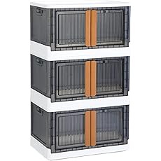 HAIXIN Plastic Storage Bins with Clear Door & Lid, 100Qt Large Capacity Folding Storage Bins for Craft and Home Storage, Stackable Storage Box with Wheels, Dorm Room Essentials (3 Pack)