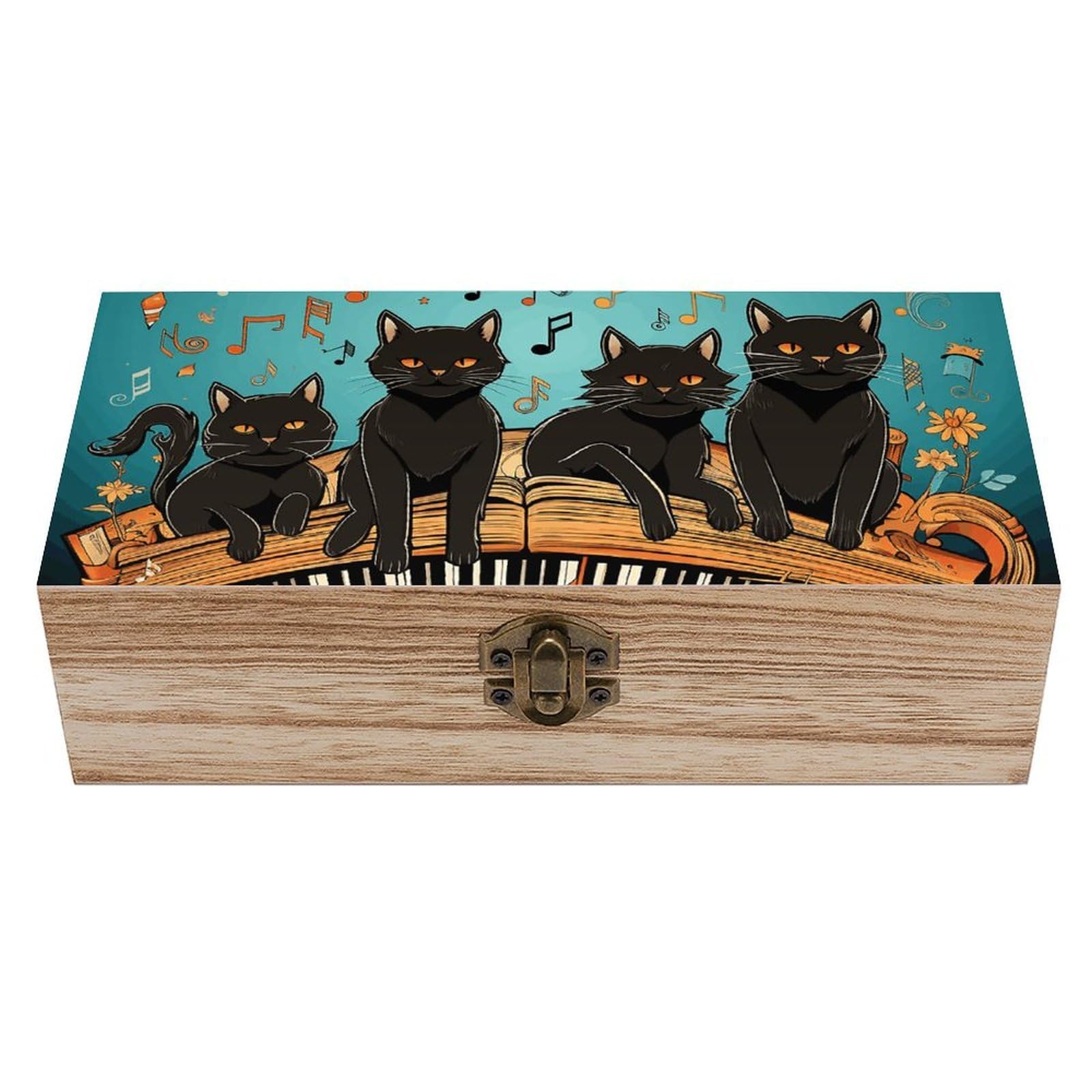 Wooden Storage Box Four Black Cats Lying on The Piano Keyboard Wood Gift Box with Hinged Lid Vintage Decorative Jewelry Boxes Memory Box for Jewelry Art Hobbies Home Storage Treasure Keepsake Gift 7.