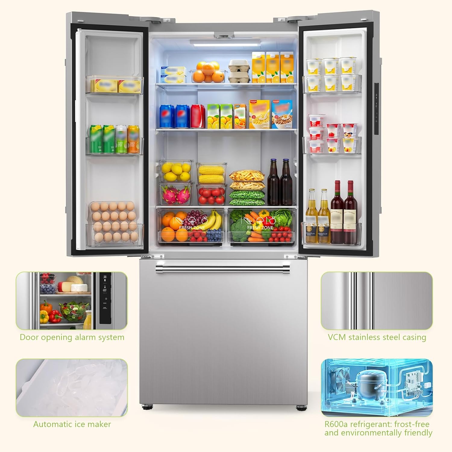 Electactic 17.5 Cu.Ft Compact Refrigerator with Ice maker, Powerful Cooling, Quiet Operation, LED Light, Door Alarm, Stainless Steel VCM Finish, Suitable for Home, Dorm and Office