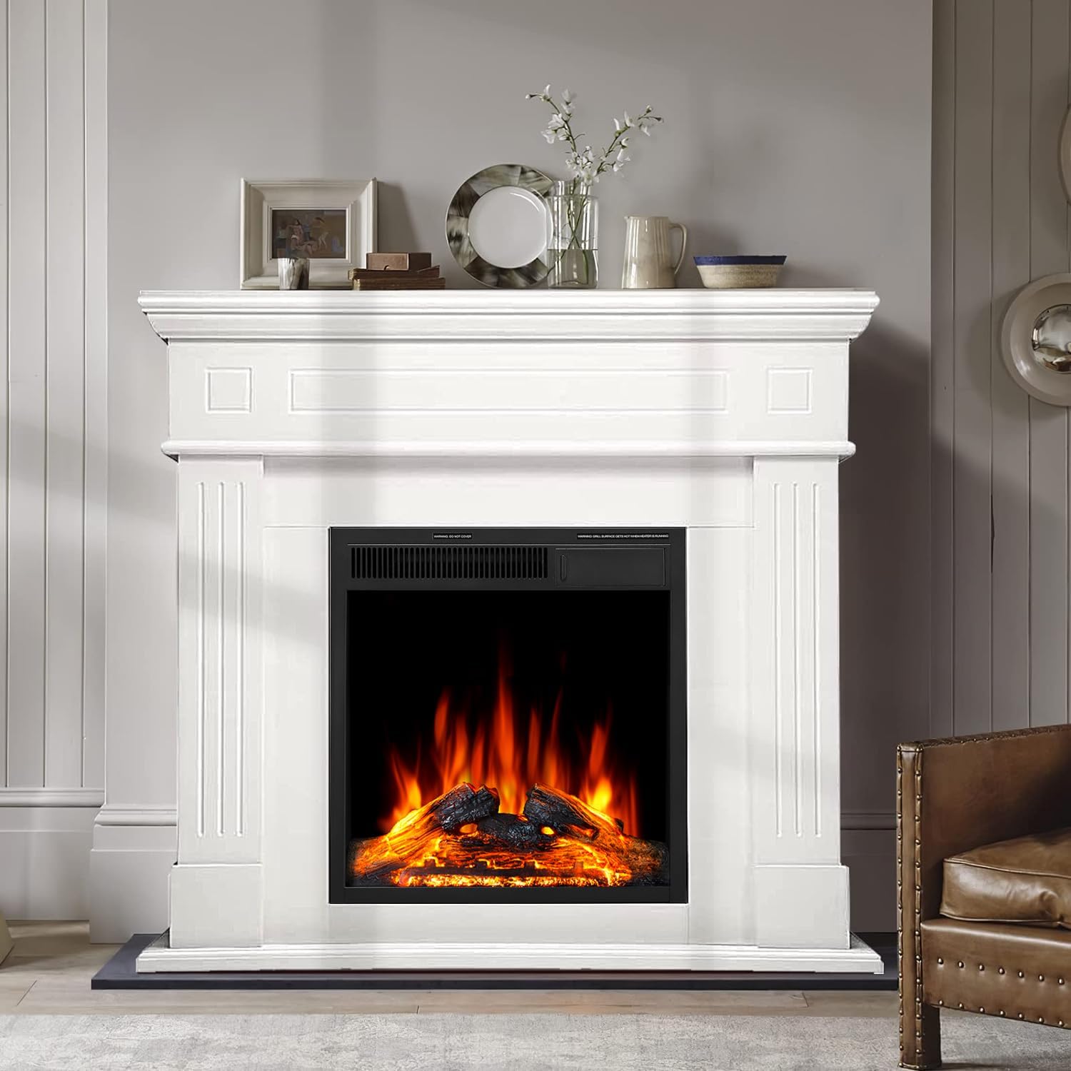 R.W.FLAME 43โ Electric Fireplace Mantel Wooden Surround Firebox, TV Stand with Freestanding Electric Fireplace, Remote Control, Adjustable Led Flame, 750W/1500W Pearl White