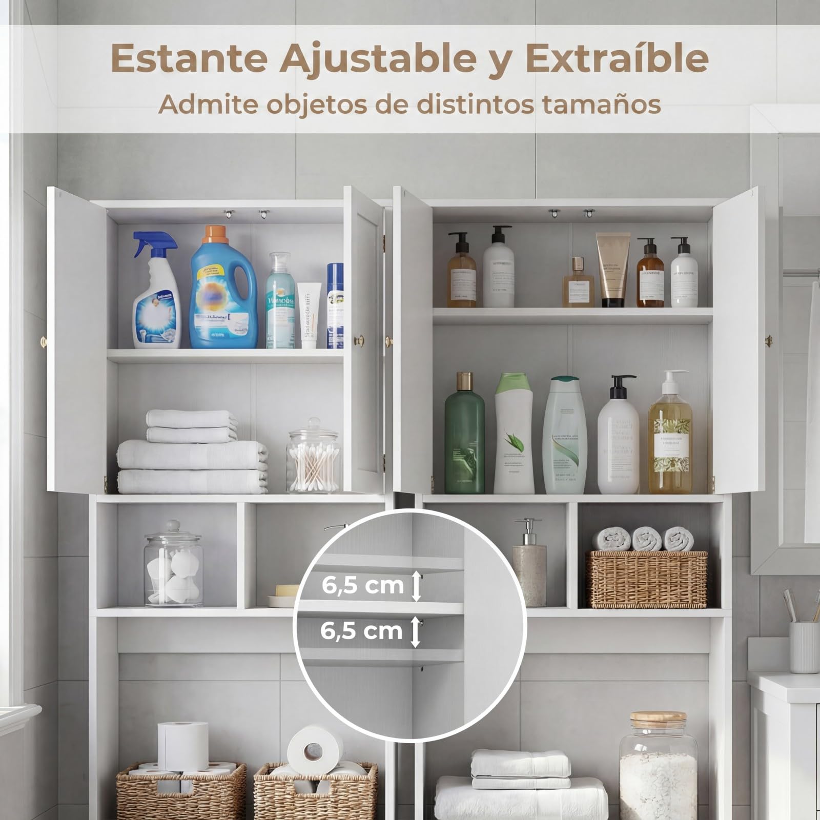 COSTWAY Armario de Almacenamiento sobre el Inodoro, Mueble Organizador de Baño con Puertas, 2 Compartimentos Abiertos, Estante Ajustable, Gabinete Estantería Ahorro de Espacio para Lavandería, Blanco