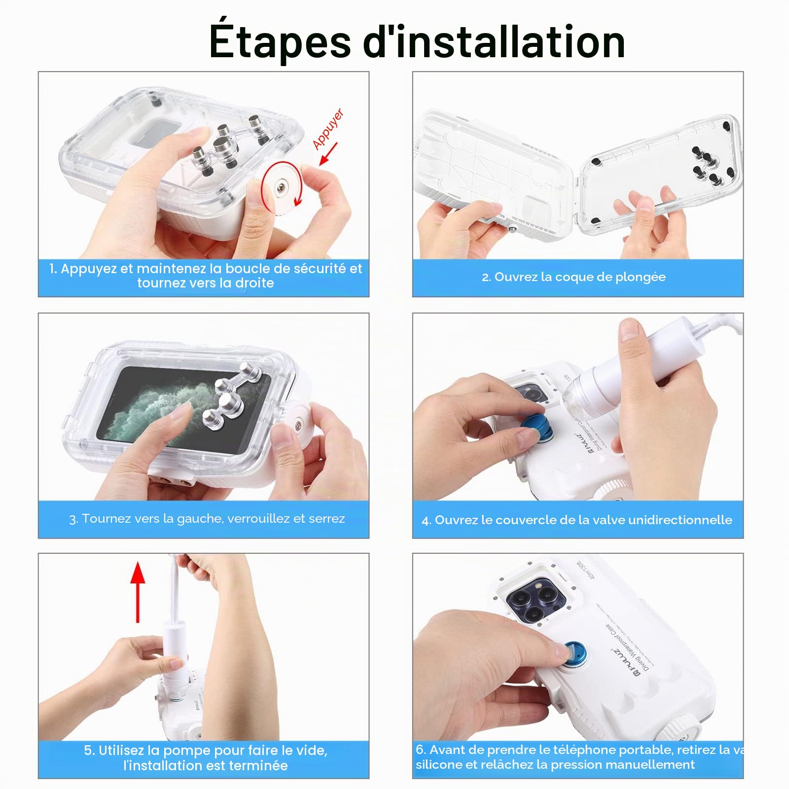 PULUZ étui étanche Coque pour iPhone 15 Pro Max/ 15 Plus/ 14 Plus/ 14 Pro Max / 13 Pro Max / 12 Pro Max / 11 Pro Max - 40m Étanche pour plongée Natation avec Tuba Surf Photo et vidéo（Pas pour iso 26