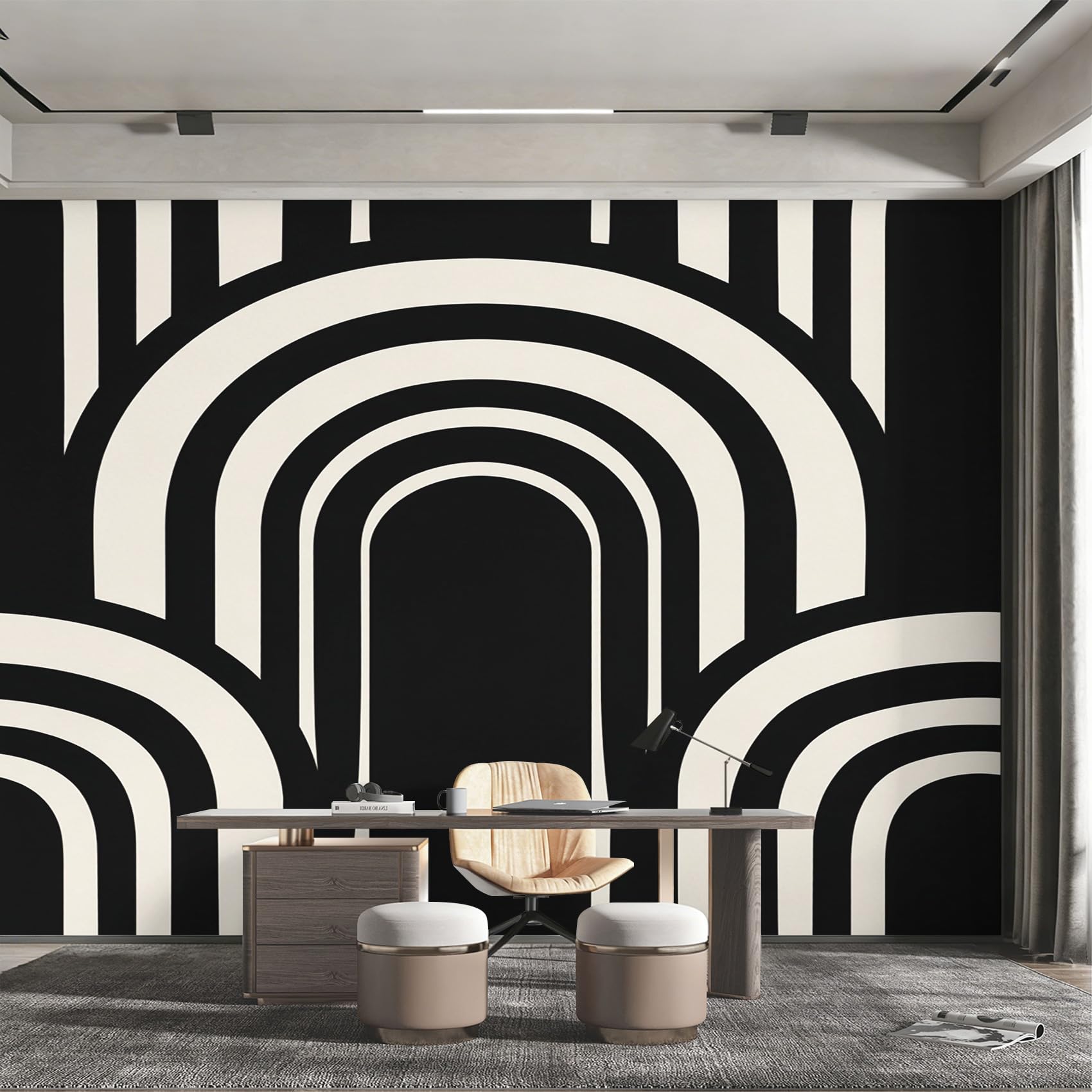 Papier peint géométrique noir blanc grand format deco murale salon moderne