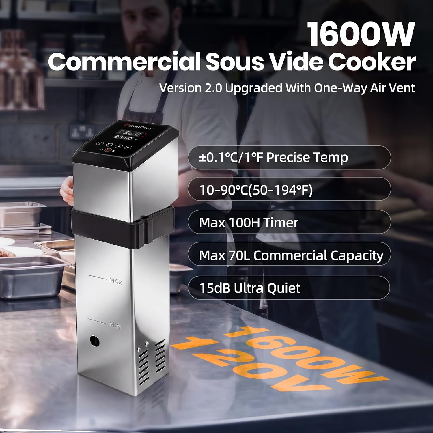 1600W Commercial Sous Vide Cooker, Immersion Circulator with One-Way Air Vent for Efficient Heat Dissipation, 360° Water Circulation, Precise Temp Control for Restaurant Home Use (Silver, 1600W)