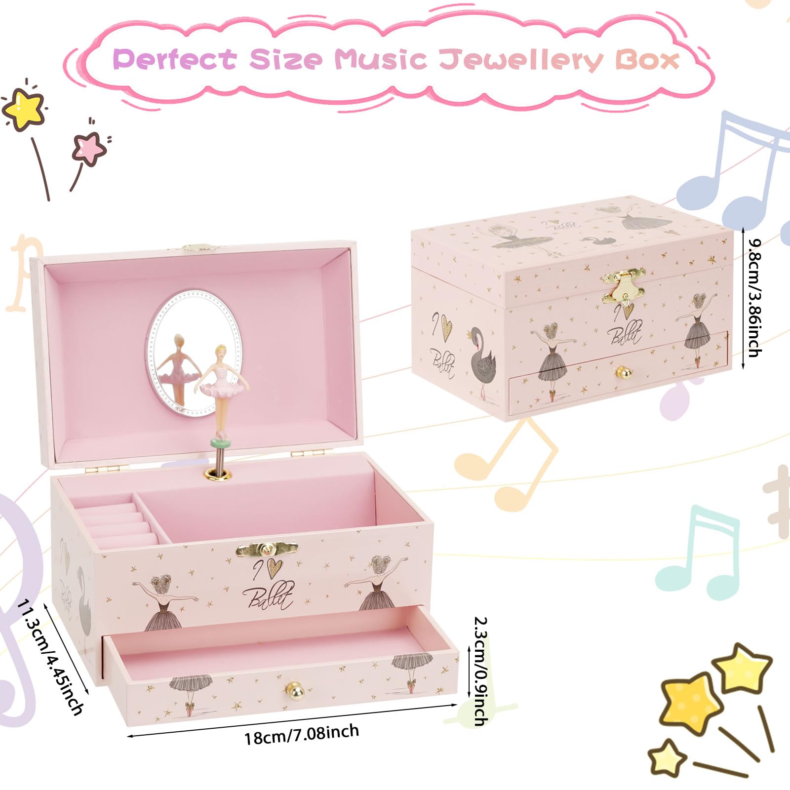 Boîte à Bijoux Musicale, Boîte à Musique Fille Danseuse Ballerine, Organisateur à Bijoux Miroir avec Licorne Collier Bracelet Bague Boucles d'oreilles Cadeau Anniversaire Enfant 3-10 ans 18*11.3*9.8cm