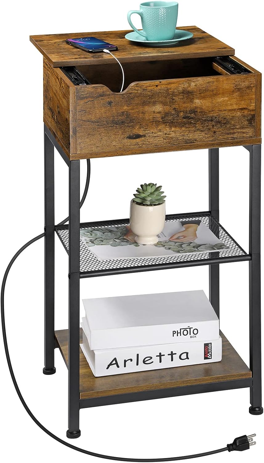 End Table with Charging Station, Bedside Table Nightstand Narrow Sliding Top Side Table with Storage Shelf with USB Ports & Power Outlets for Small Spaces Living Room, Bedroom, Office, Rustic Brown