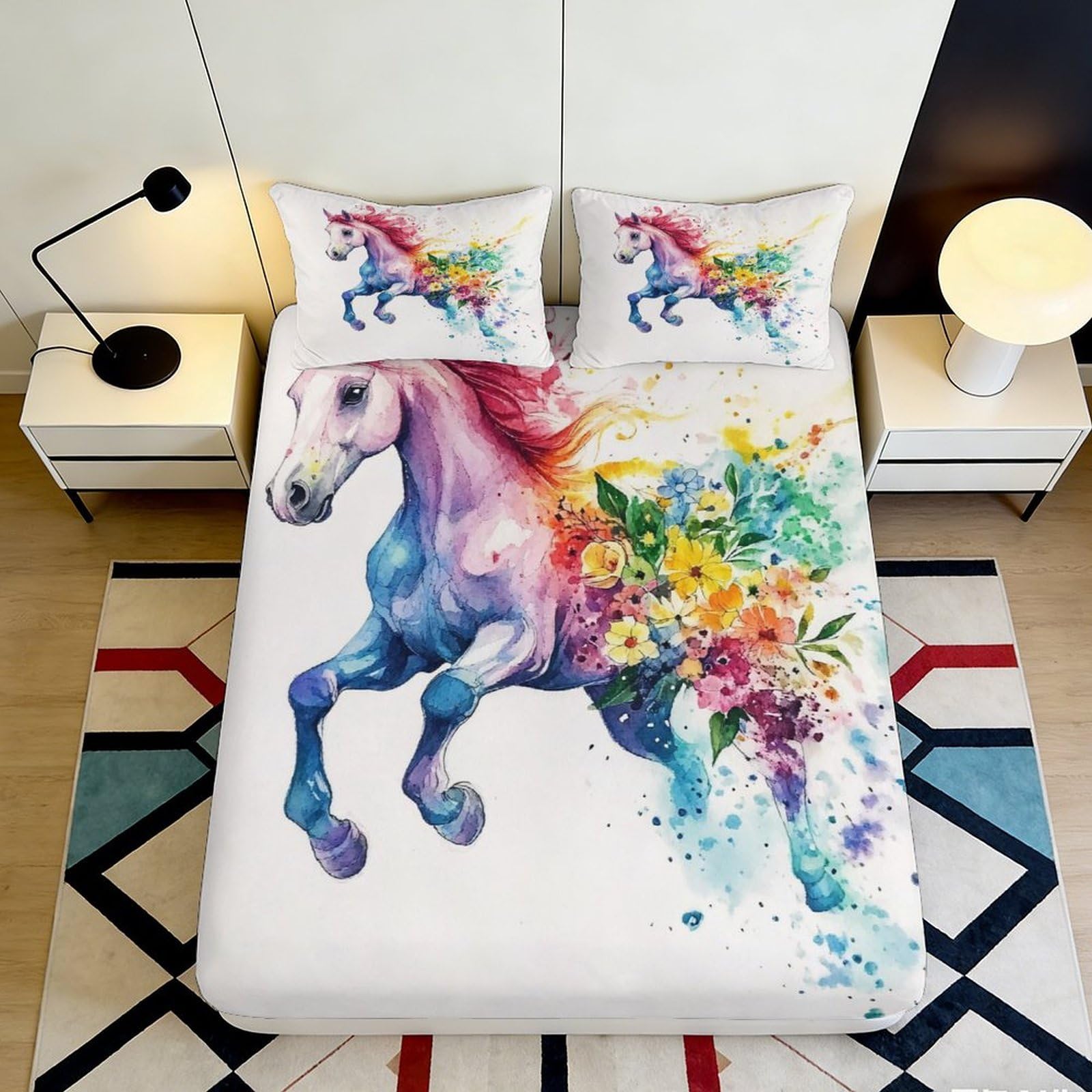 3D Printed Rainbow Unicorn Fitted Sheet Microfiber Soft Floral Horse Bed Cover for Bedroom Guest Room Decor 90x200x25cm