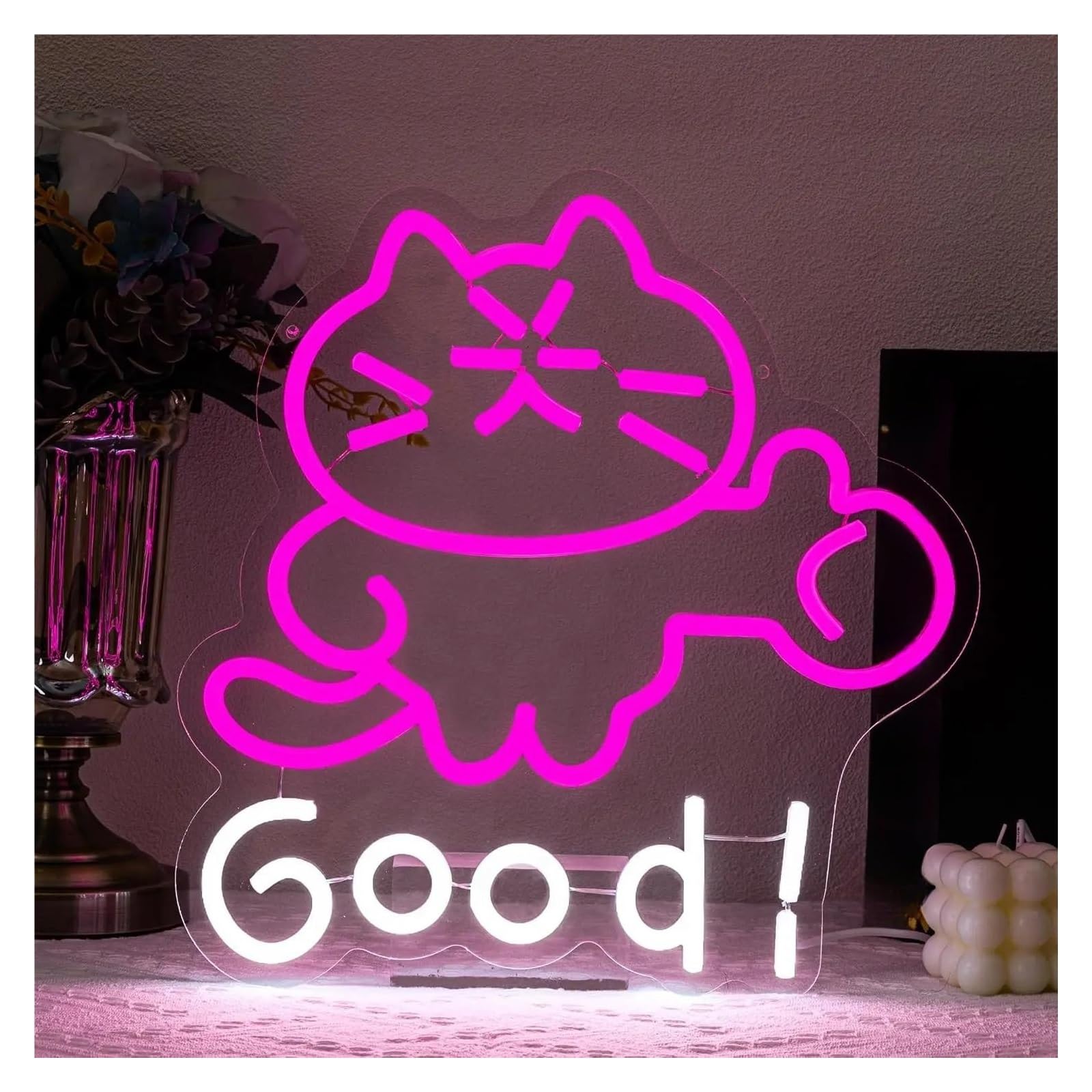 Décor Mural Lumière Enseigne Au Néon Pour Chat Alimentée Par USB Intensité Variable Signe De L'alphabet Good, Pour Chambre À Coucher Maison De Chat Décoration Murale 32cm×34cm