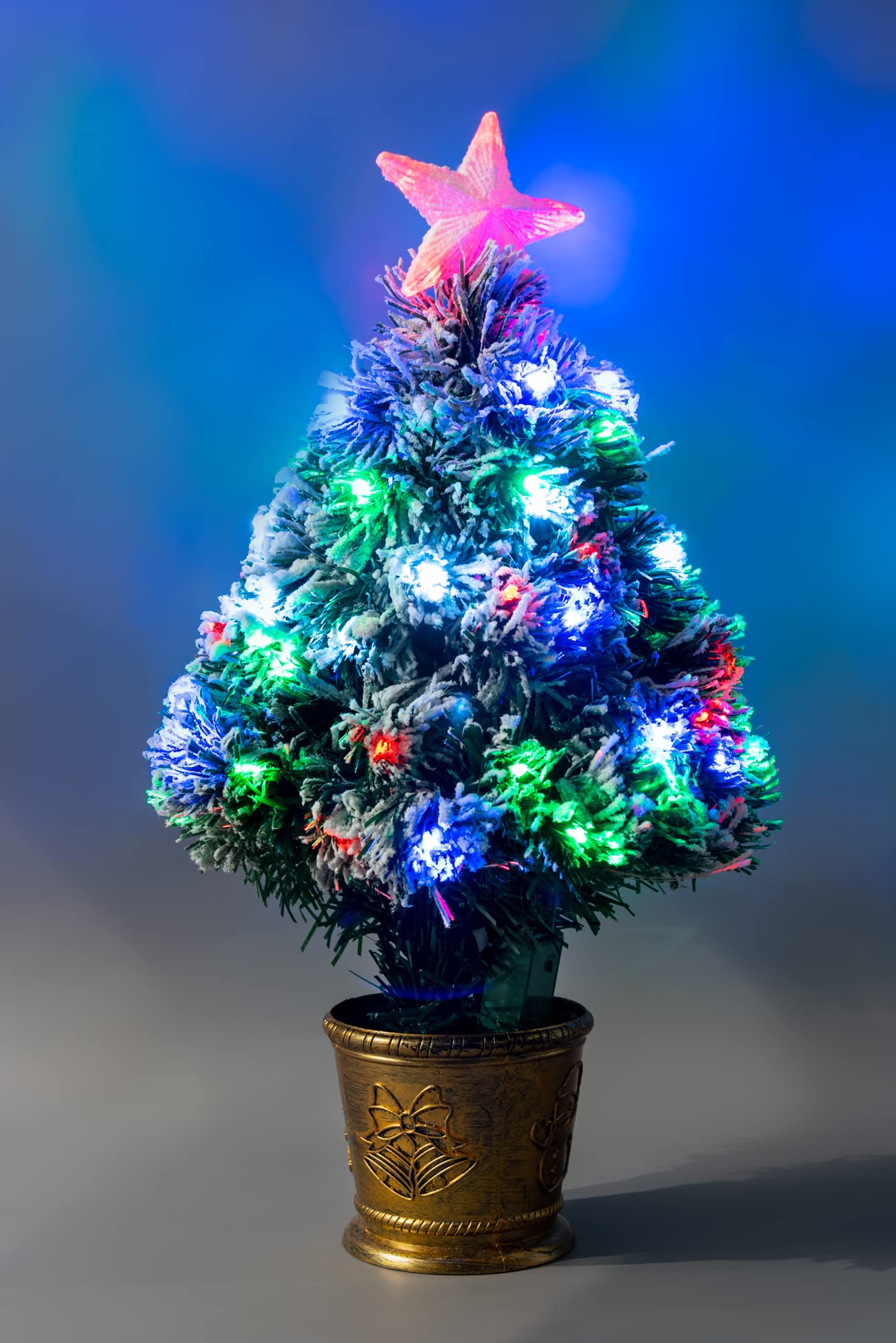 2Ft/60cm Snow-Frosted Fibre Optic Christmas Tree with Star Topper - Multicolor LEDs 8 Changing Light Modes - Pre-Lit Snowy Artificial Xmas Tree