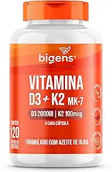 Vitamina D3 2000UI + K2 MK-7 100mcg, Formulado com azeite de oliva, Biogens (120 cápsulas)