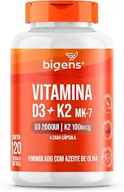 Vitamina D3 2000UI + K2 MK-7 100mcg, Formulado com azeite de oliva, Biogens (120 cápsulas)