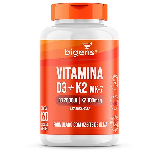 Vitamina D3 2000UI + K2 MK-7 100mcg, Formulado com azeite de oliva, Biogens (120 cápsulas)