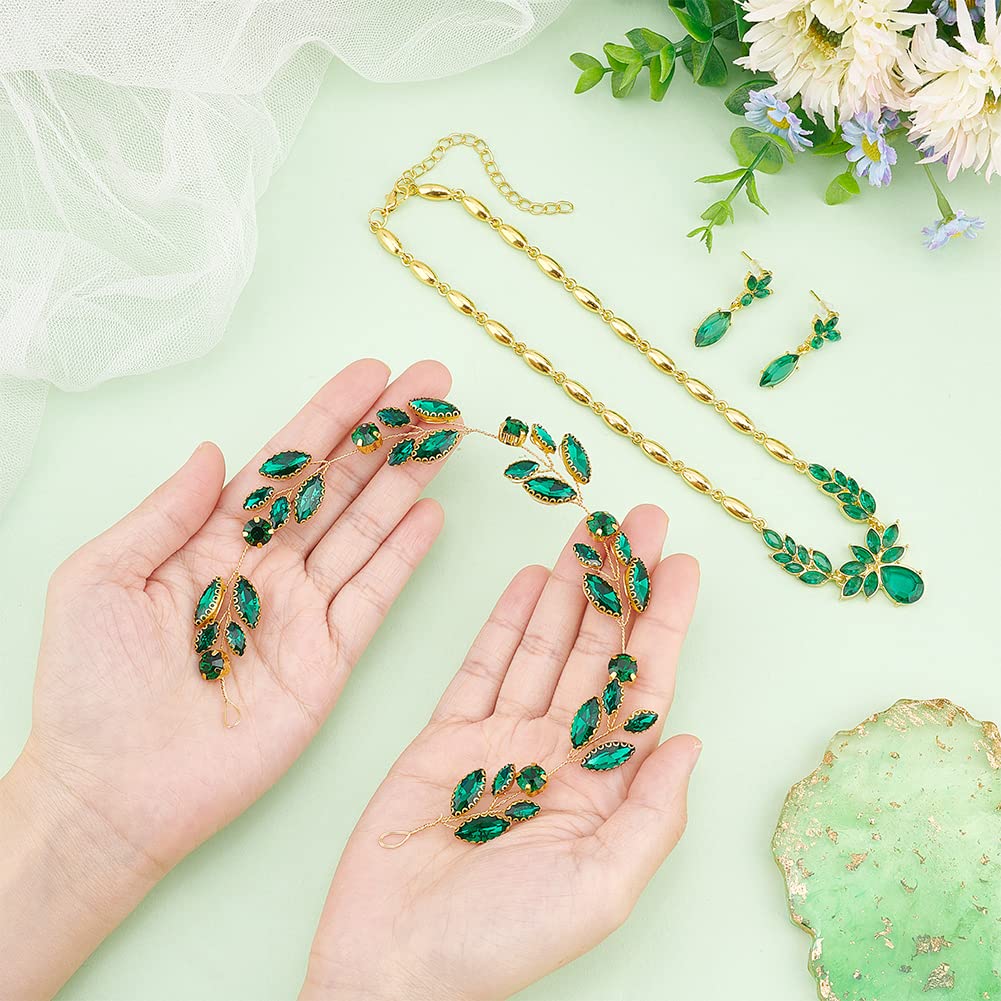 CHGCRAFT Conjunto de joyas de boda para novia, color verde, para novia, pelo de vid, boda, diamantes de imitación, diadema de cristal, pulsera, pendientes colgantes, juego de boda, fiesta, joyas para