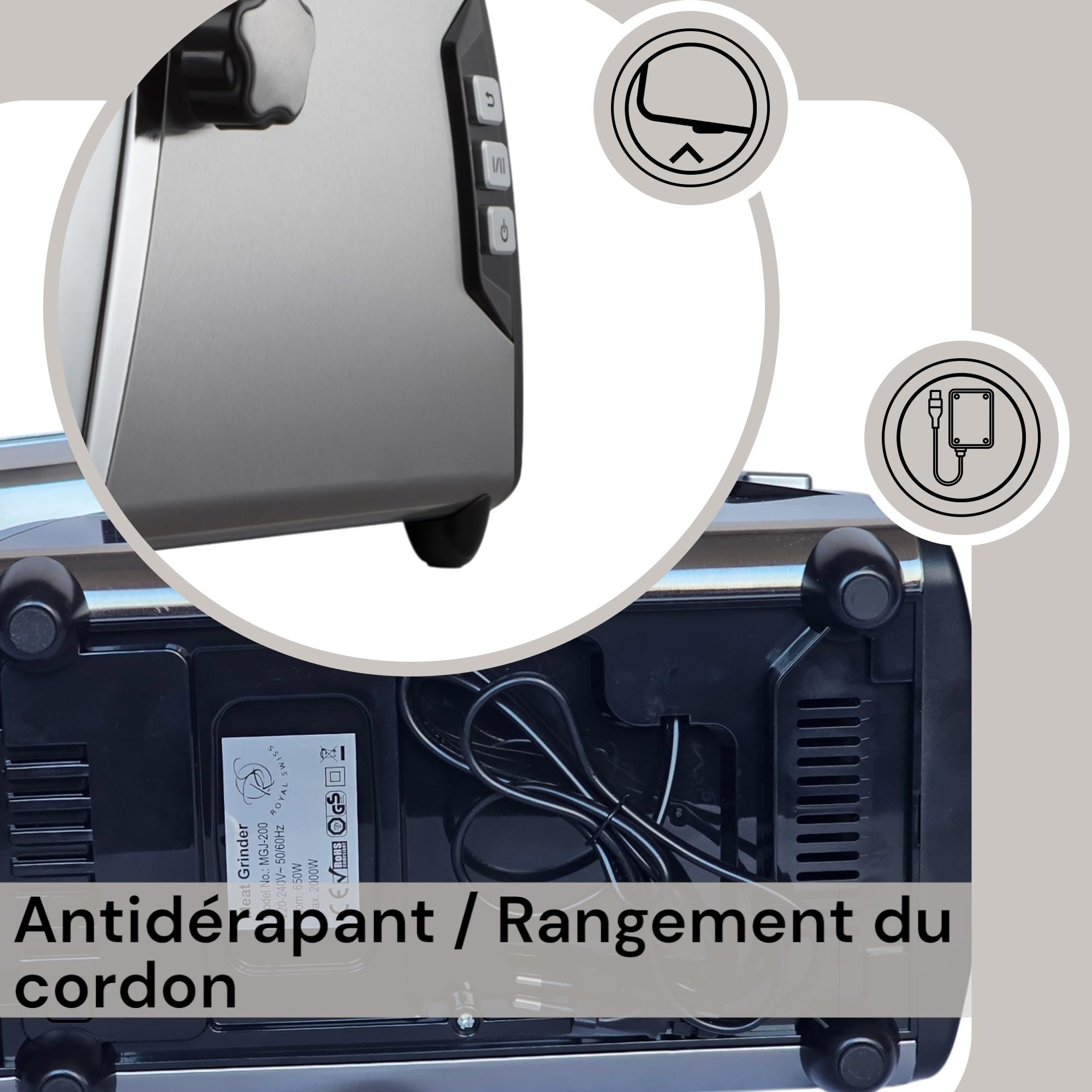 Royal Swiss - Picadora de carne eléctrica (2000 W, acero inoxidable, función inversa, compacta y potente, accesorios incluidos, picadora multifunción para carne, salchicha, salsa y relleno para el