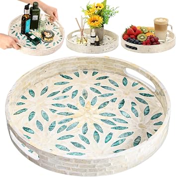 Mother of Pearl Decorative Serving Tray, 12 Inch Round Decorative Table Tray, Wood Coffee Table Ottoman Tray with Handles for Home Decor, Centerpiece Display,Tea, Breakfast