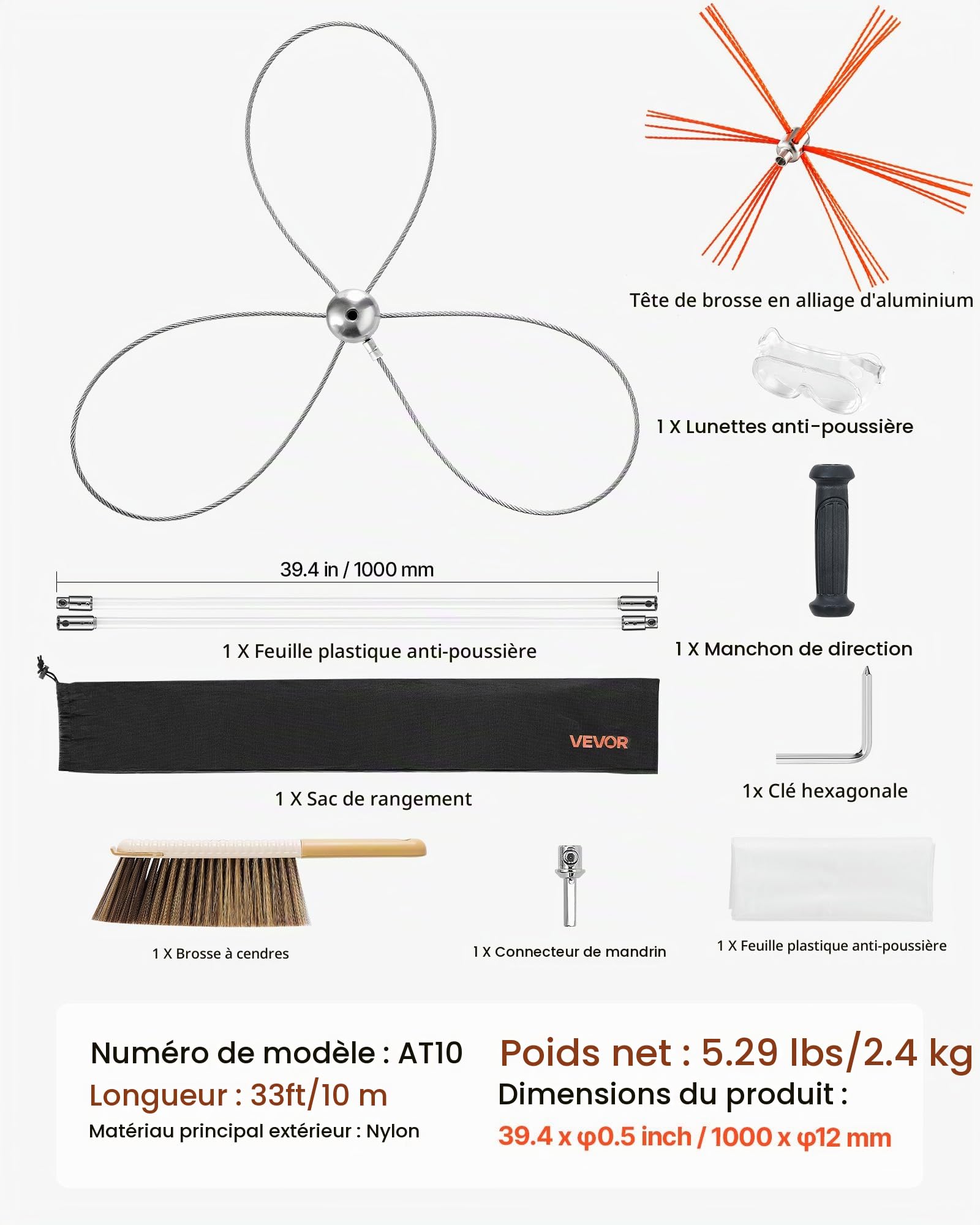 VEVOR Kit de Ramonage de Cheminée Extensible à 10 m, Kit de Nettoyage avec 2 Têtes de Brosse pour Cheminée Carrée, Rectangulaire et en Arche, Cannes Flexibles en Nylon, Lunettes de Protection, Brosse