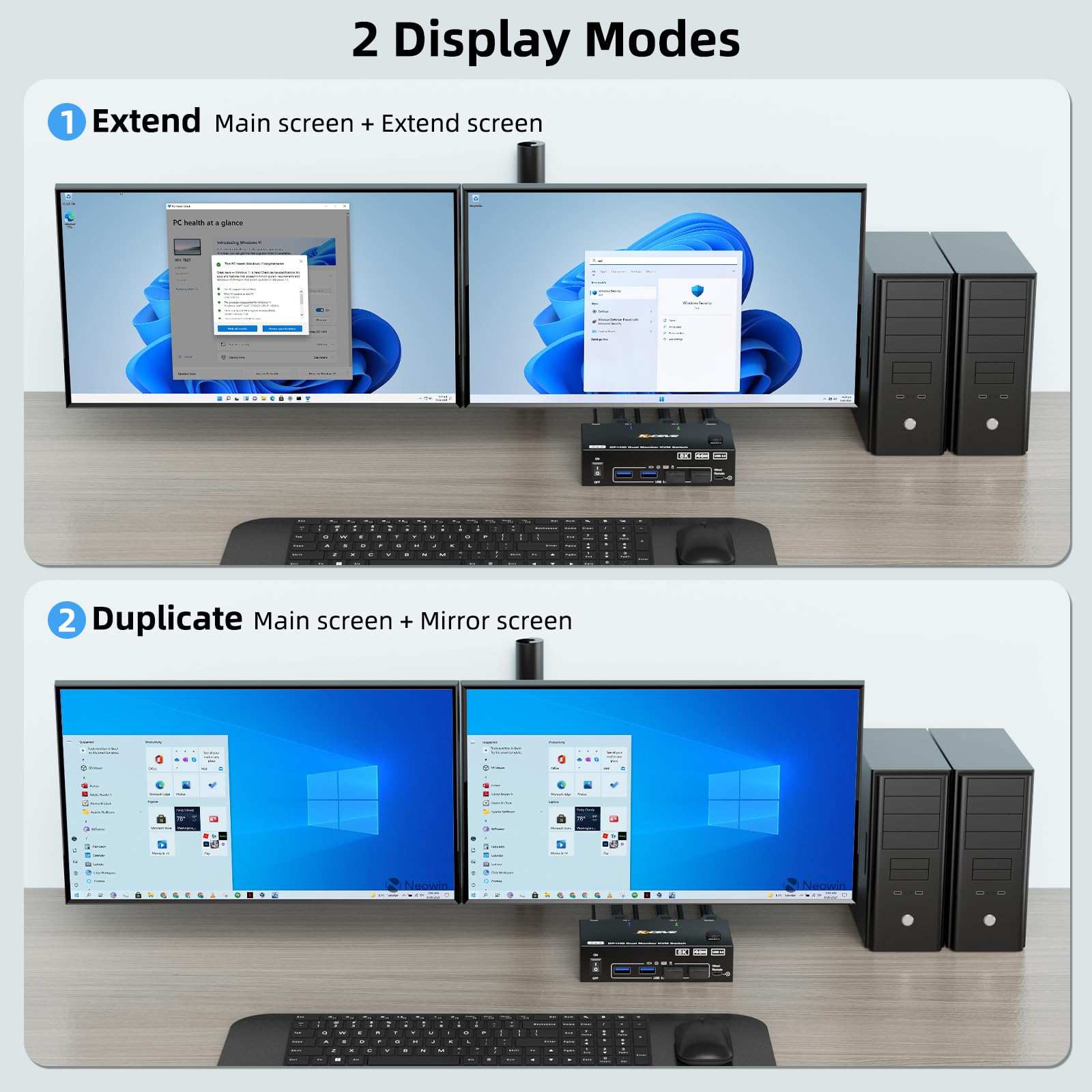 KVM Switch 2 Monitor 2 PC 8K, DisplayPort + HDMI USB 3.0 KVM Commutatore per due monitor, supporta 8K@60Hz, 4K@120Hz per 2 computer che condividono tastiera, mouse e monitor