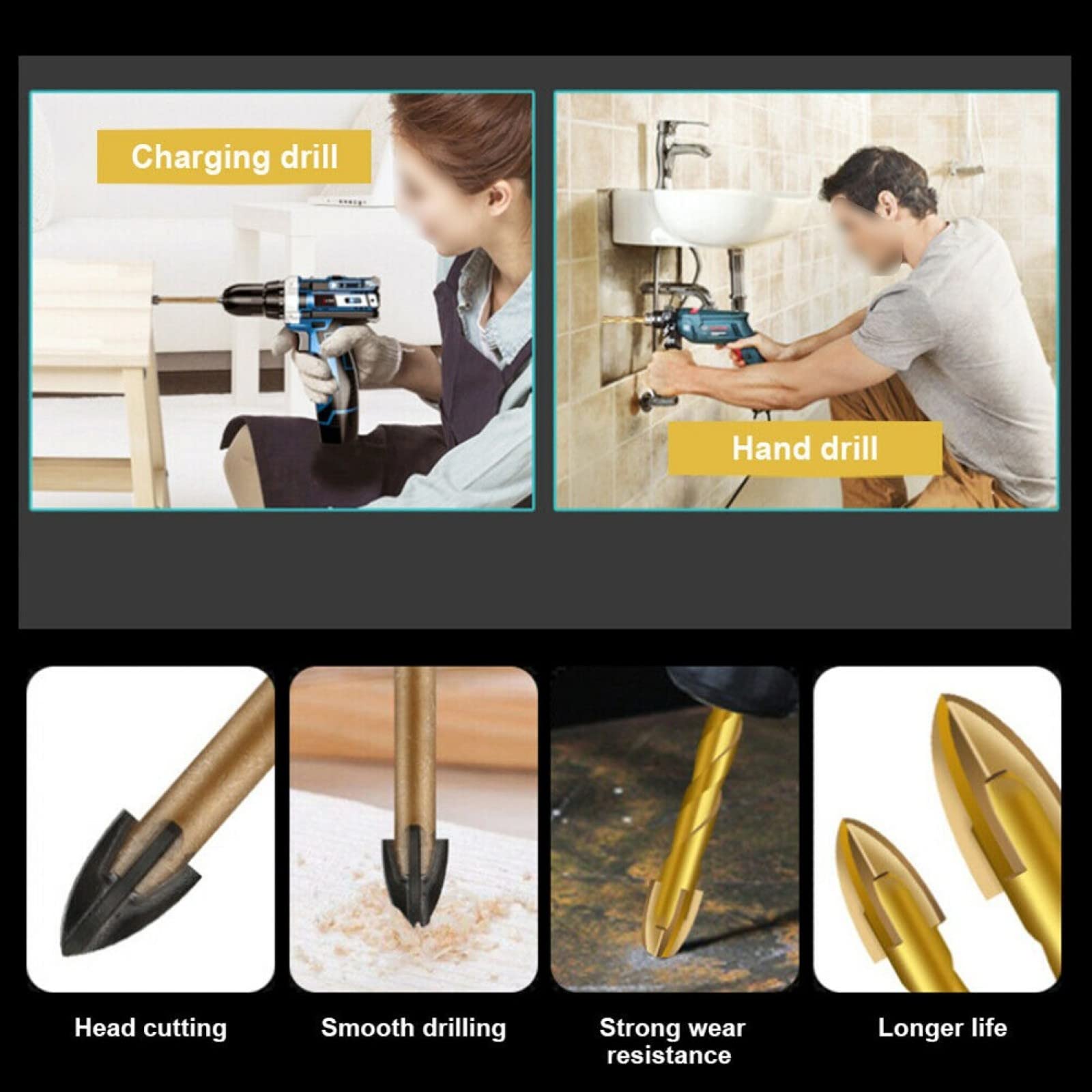 10 Pz 6mm Titanio Piastrelle Di Ceramica Marmo Di Vetro Punte Da Trapano Testa Di Lancia Hex Shank Trapani Vetro Ceramica Legno Metallo Plastica Piastrelle