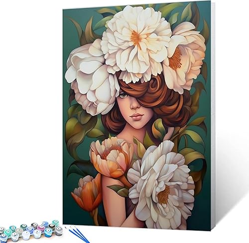 Tucocoo Hada rodeada de flores, pintura por números, niña de las flores, pintura por números sobre lienzo con pinceles y pigmento acrílico, fácil de