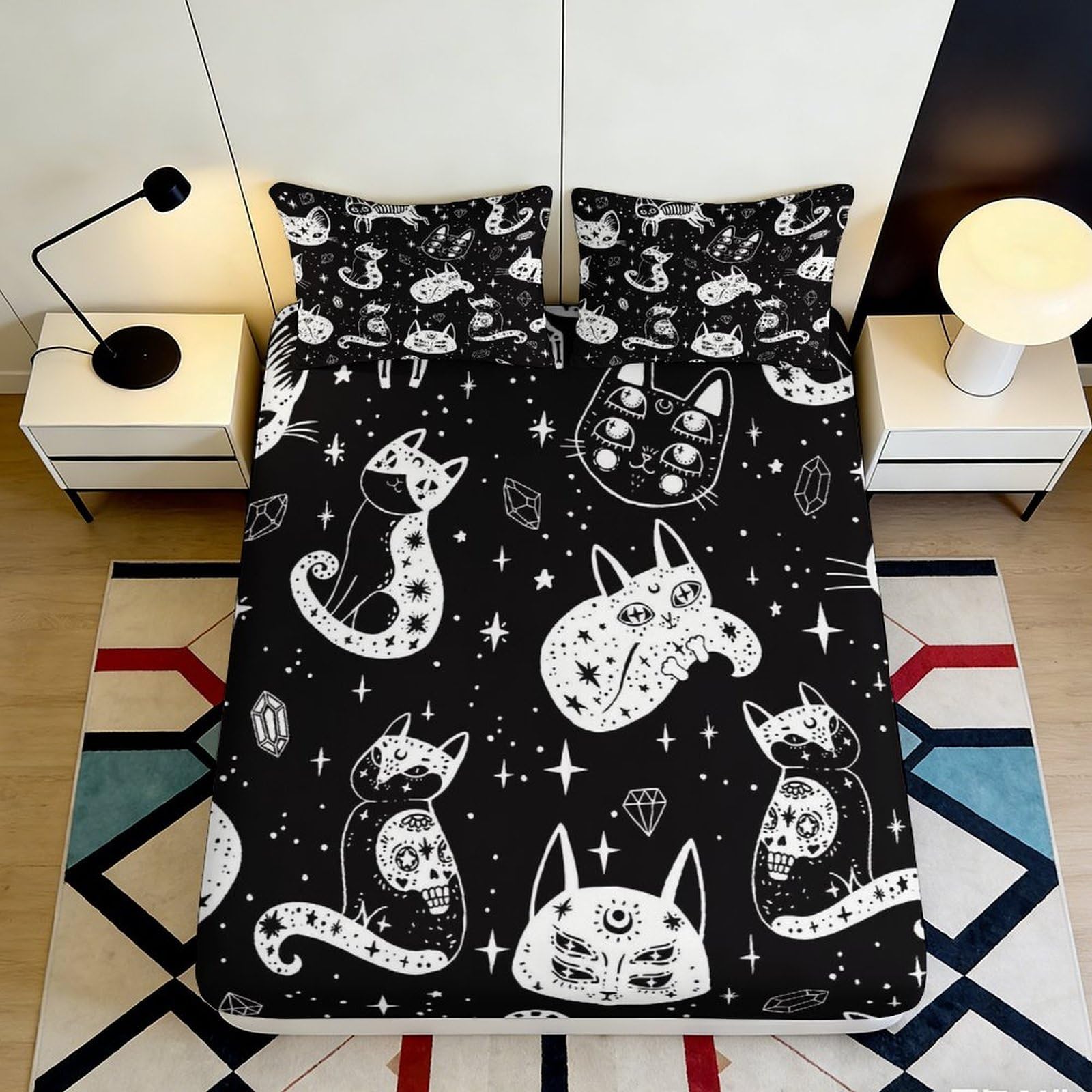 3D Printed Mystic Cat Fitted Sheet Microfiber Soft Breathable Cosmic Night Bed Cover for Bedroom Guest Room Decor 90x200x25cm