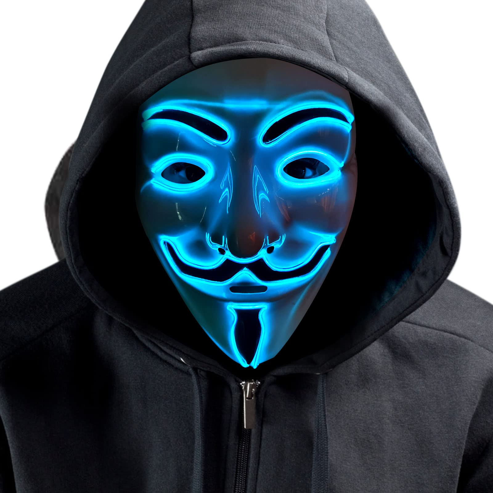Feeziloe LED Mask, V For Vendetta Mask, Guy Fawkes Mask, Neon EL Light Up V Mask, Hacker Anonymous Fancy Dress, Adults Kids Cosplay Costume Party, Halloween, Christmas