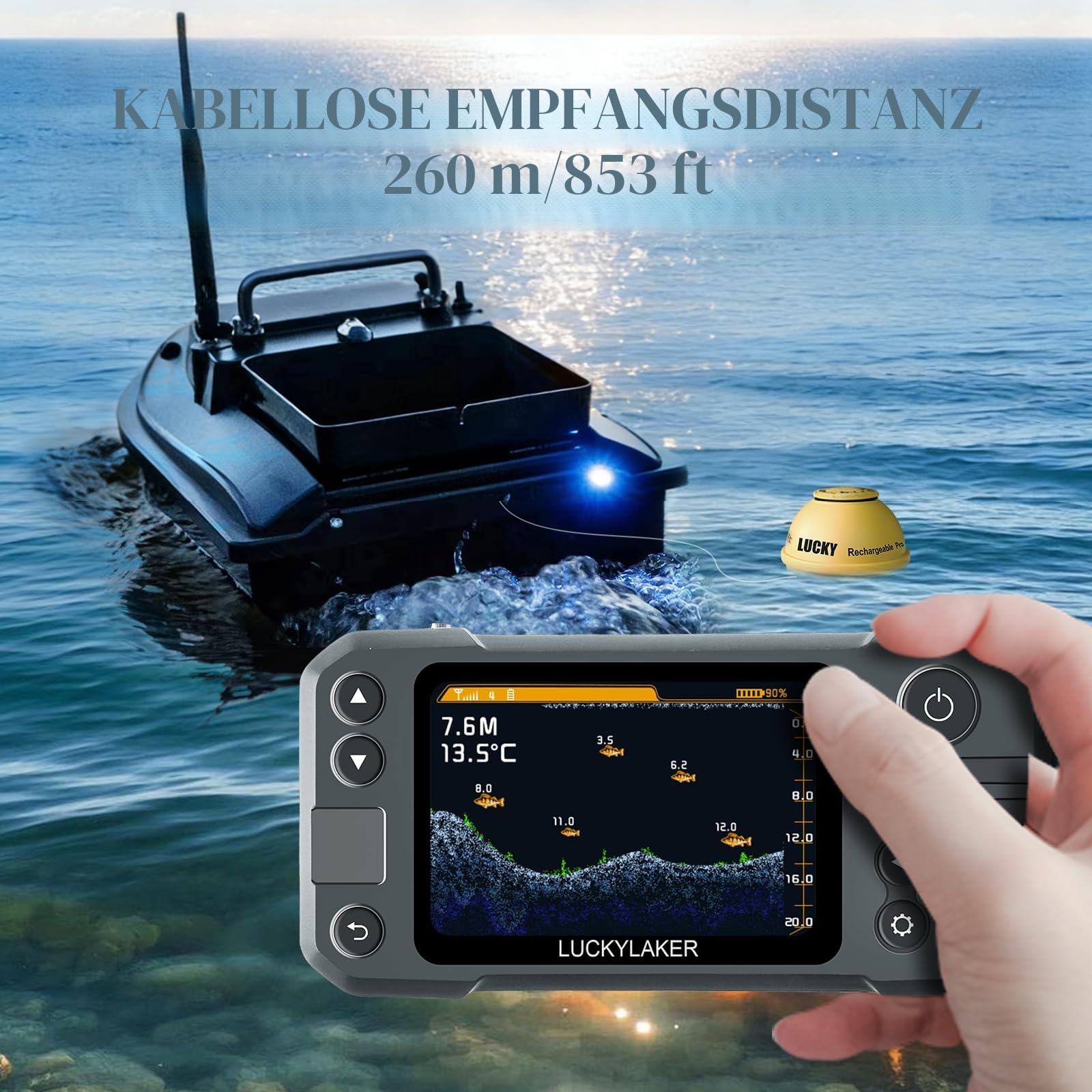 LUCKY Kajak Tragbarer Fischfinder Wandler Kabelloser Sonar Fischfinder Boot Wiederaufladbar Handheld Fischtiefenfinder Angeln MT-202