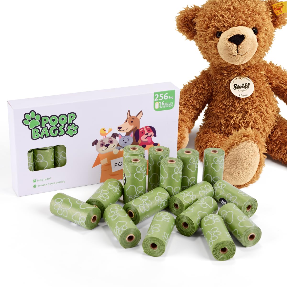 Rollos de bolsas para excrementos, 256 unidades, 9 x 13 pulgadas, color verde, gruesas, a prueba de fugas, con aroma a lavanda, bolsas para perros, bolsas de basura ecológicas para mascotas