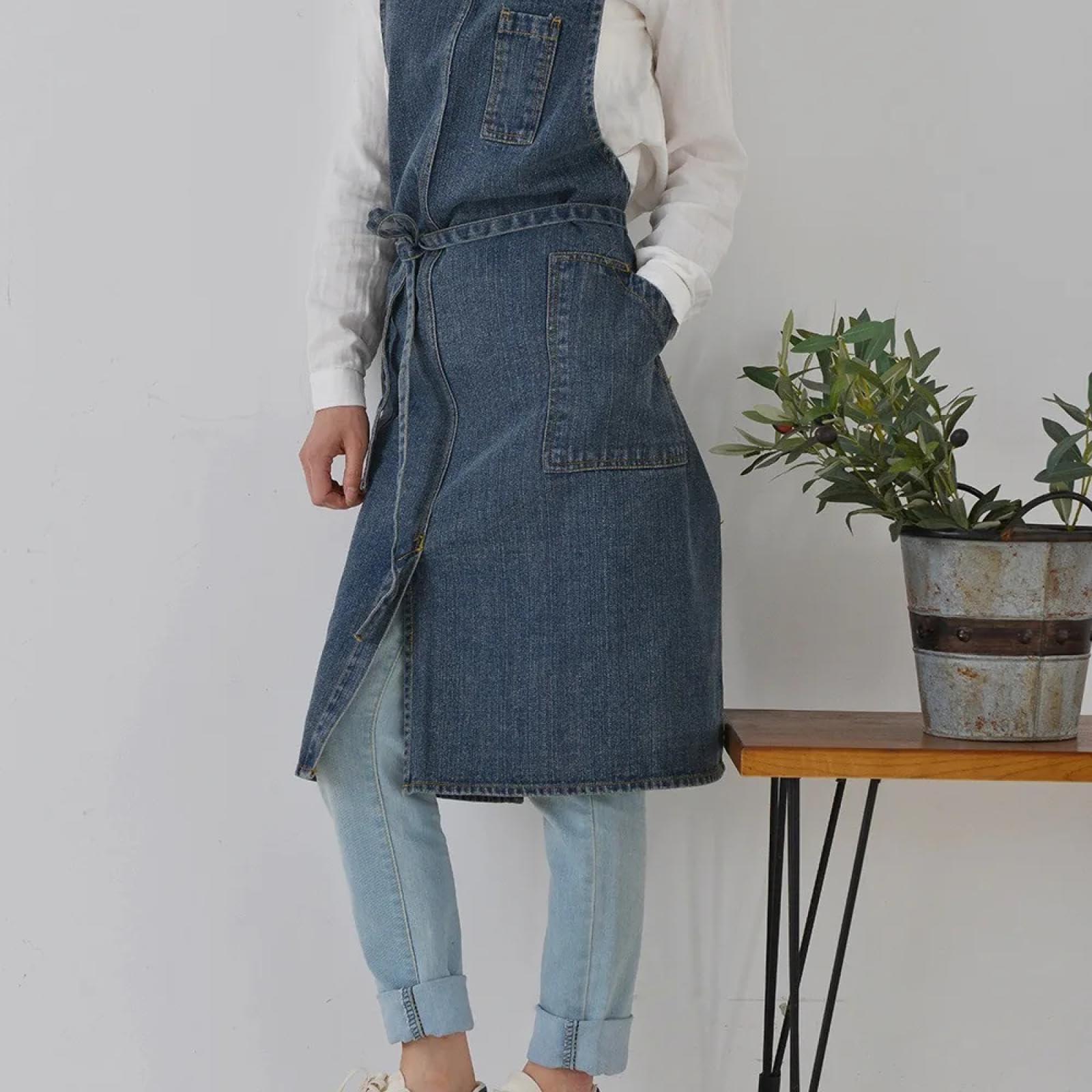Cuisine Tablier Apron Toile De Coton Épaissie Denim Tablier Tache Résistant Ménage Cuisine Travail Uniforme Bavoir Taille Chef Barman Travail