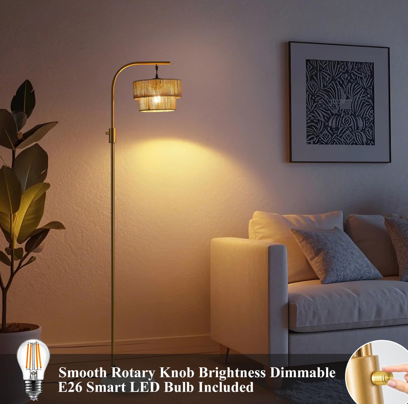 Fiqevs Rattan Arc Floor Lamp for Living Room, Boho Farmhouse Floor Lamps Dimmable with Elegant Wicker Shade, Marble Base and LED Bulb, Modern Gold Standing Lamp for Bedroom Kids Room Office