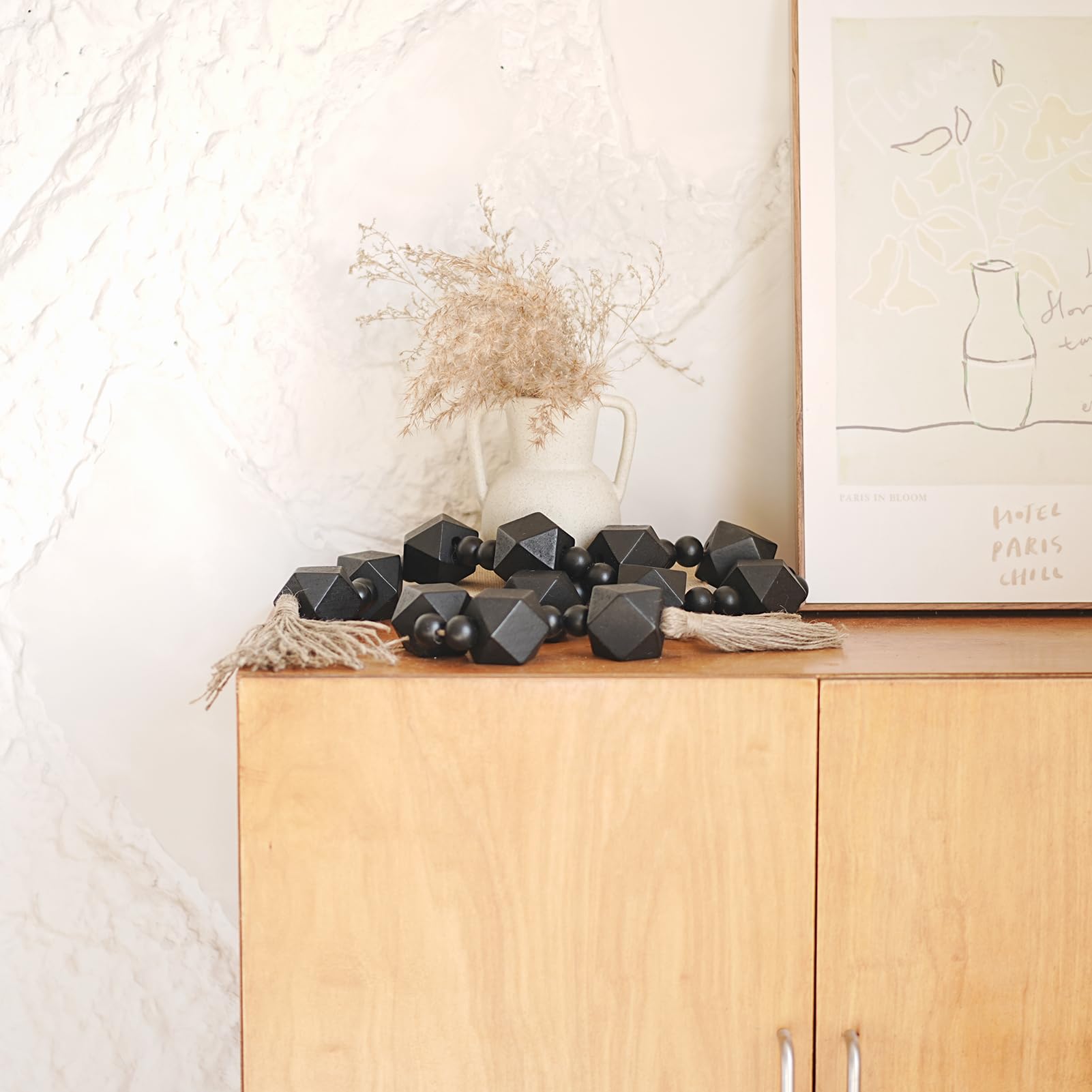 Guirnalda de cuentas de madera extra grande con cuentas geométricas de madera de 2 pulgadas de diámetro, guirnalda de cuentas de madera con borlas, cuentas decorativas para decoración de
