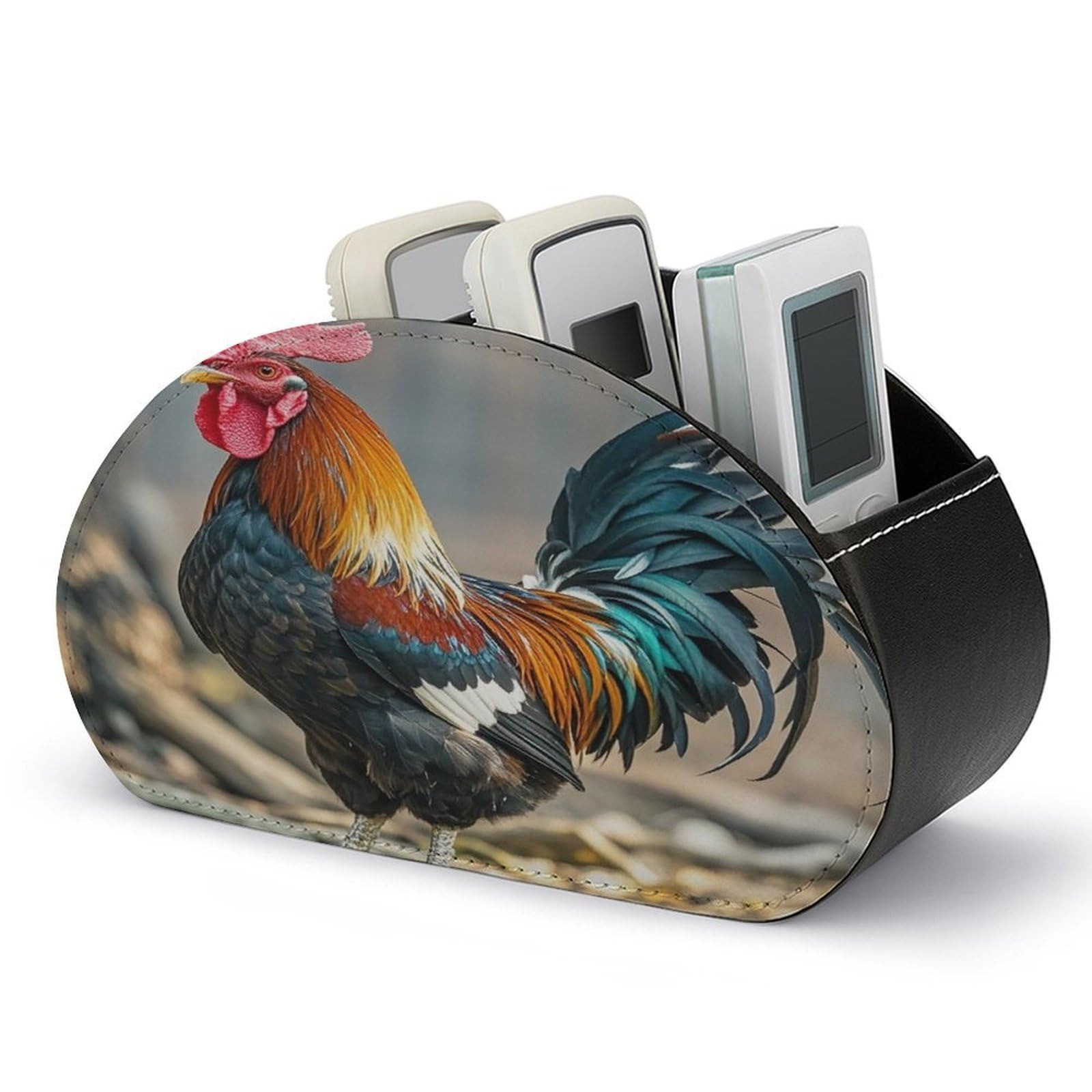 LZQPOEAS Old Rooster Illustration Remote Control Holder with 5 Compartments PU Leather Remote Organizer Box Caddy for Table Nightstand Remote Caddy Desktop Organizer Fits Media Controllers