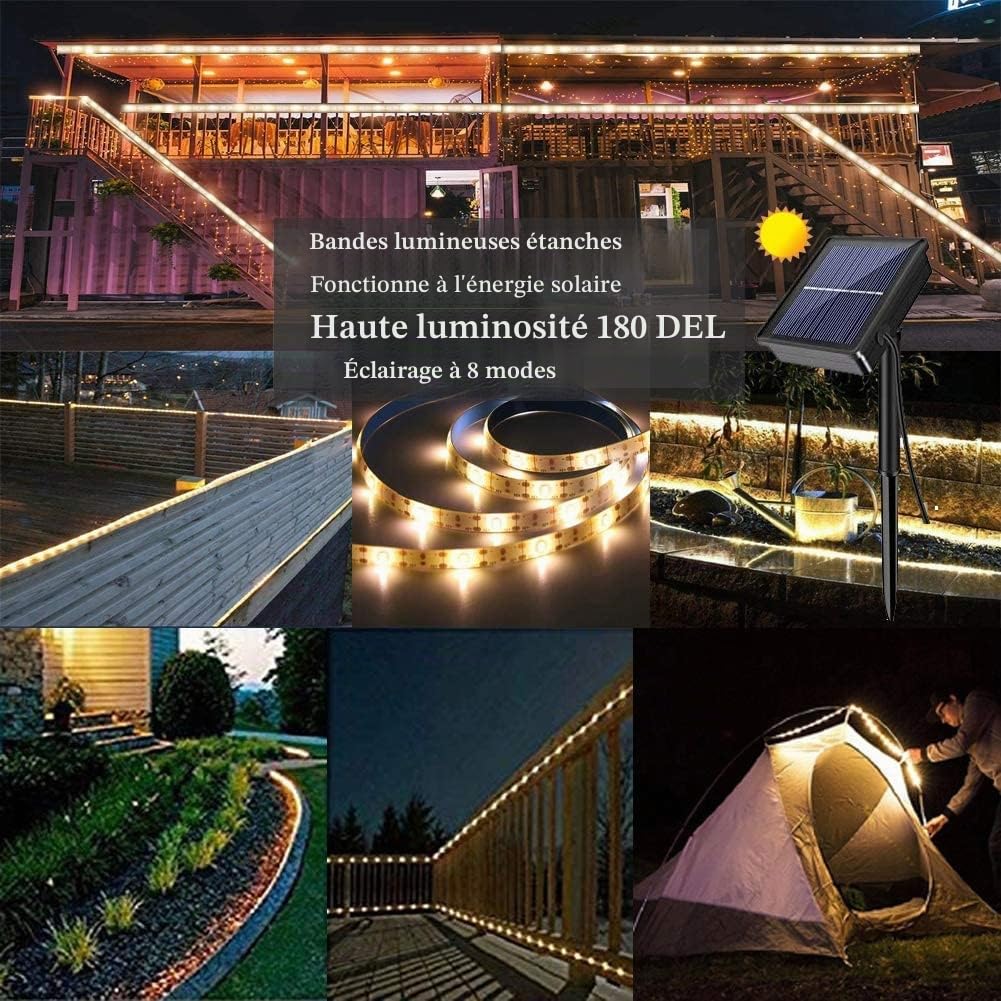 SUAVAER Ruban LED Solaires Exterieur 10M Étanche Guirlande Lumineuse Solaires Bandeau LED Autocollant 240LEDs avec Télécommande 8 Modes Strip Light pour Jardin Terrasse Noël Fête (Blanc chaud)