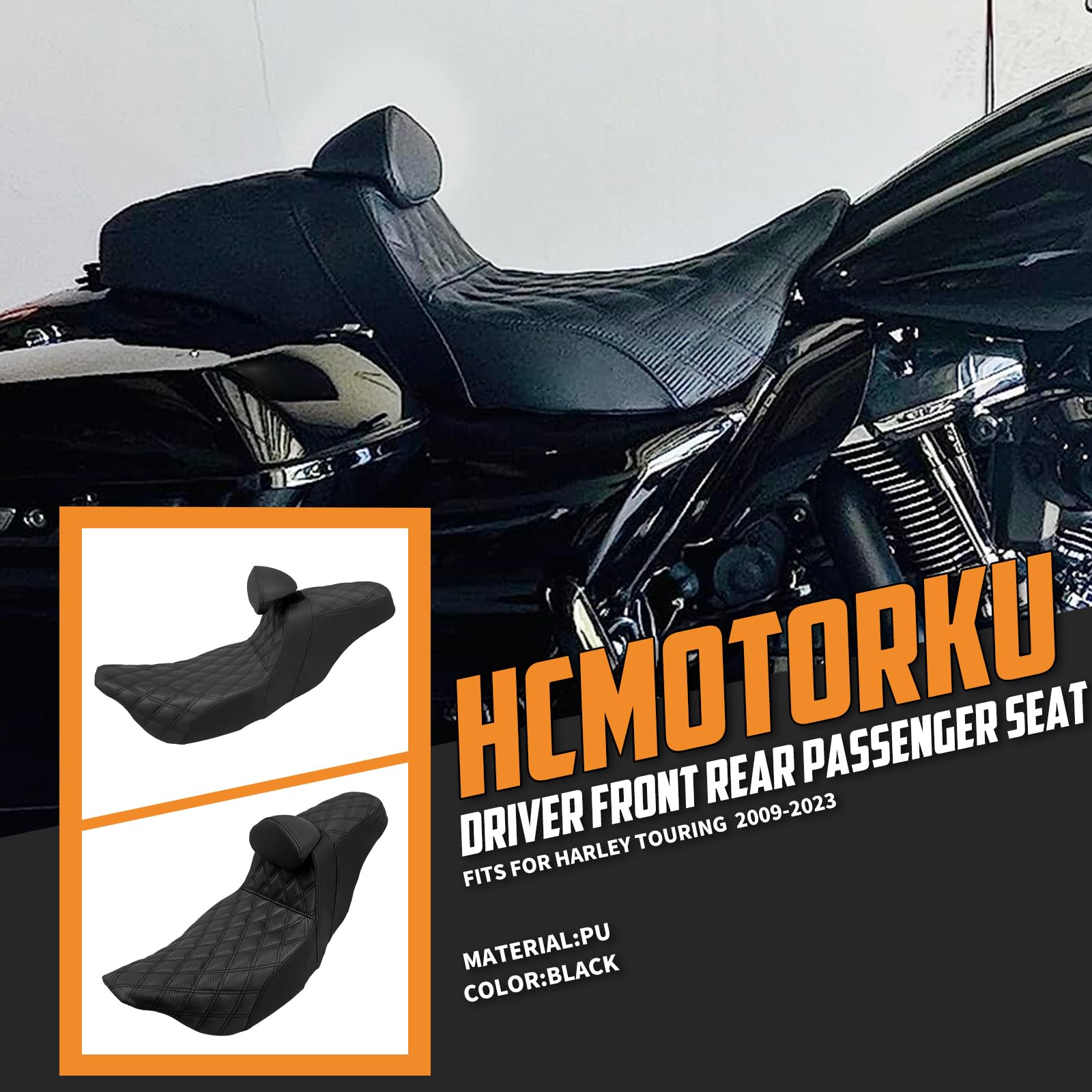 Motorradsitz Motorrad Fahrer Beifahrer Einteiler Sitz Soziuspolster Doppelsitzkissen Fit für Harley Touring Road King Street Glide Electra Glide 2009-2023 Schwarze Naht