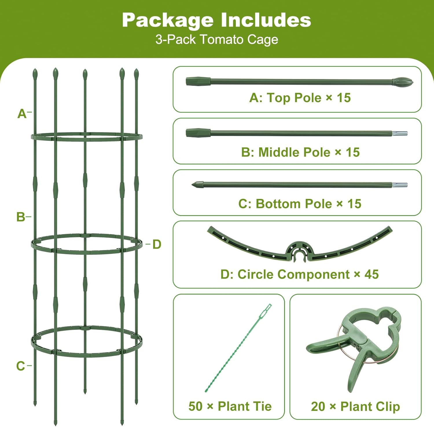 Giantex 3-Pack Tomato Cages, 60”Hx20” PE-Coated Metal Plant Cages & Supports w/Adjustable Height, 2-in-1 Round Trellis for Climbing Flower Vegetable Fruit, Potted Plant