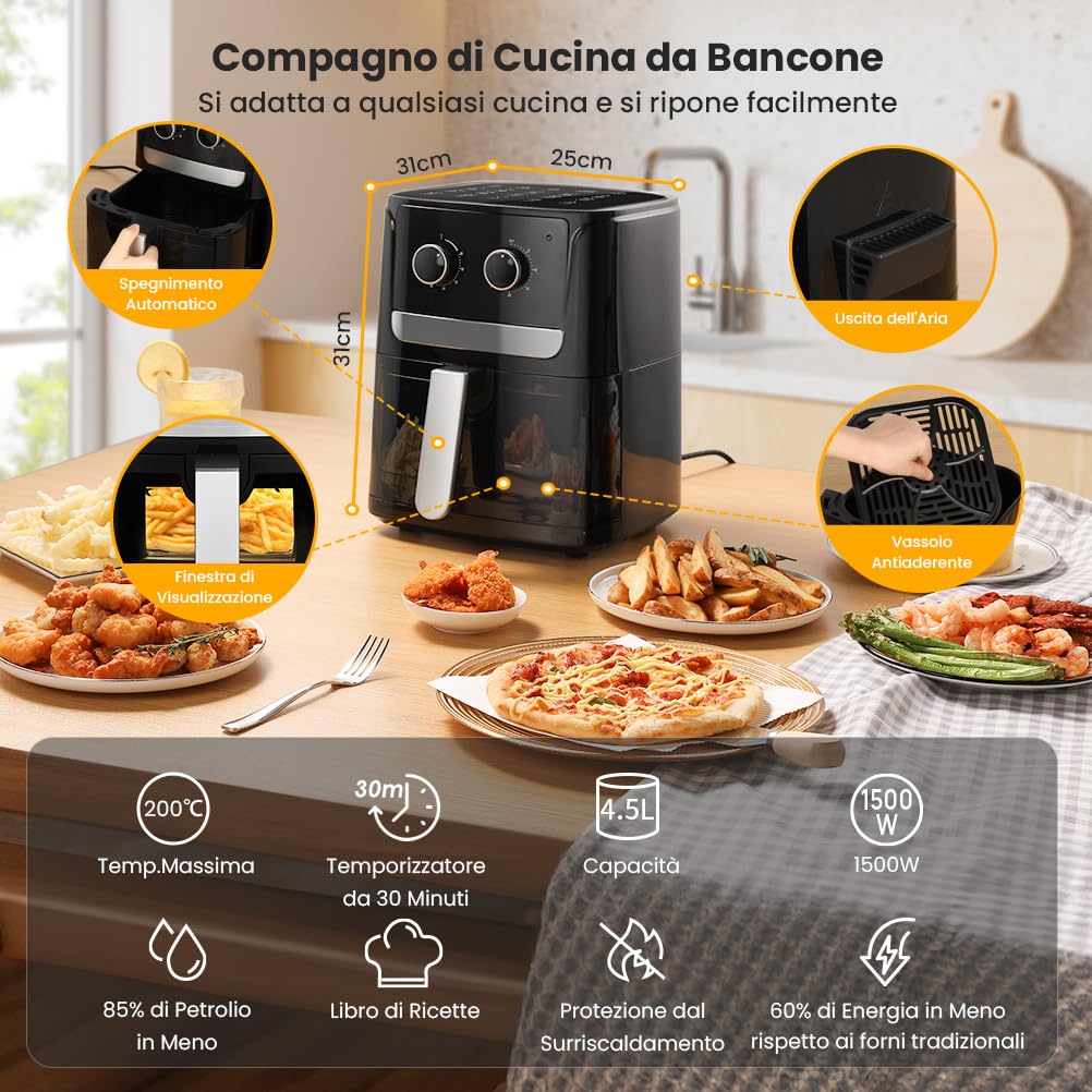 Friggitrice ad Aria Calda 4,5L Friggitrice Senza Olio XXL Air Fryer 1500W Airfryer con Timer Ricettario per 1-6 persone Senza BPA Fumo