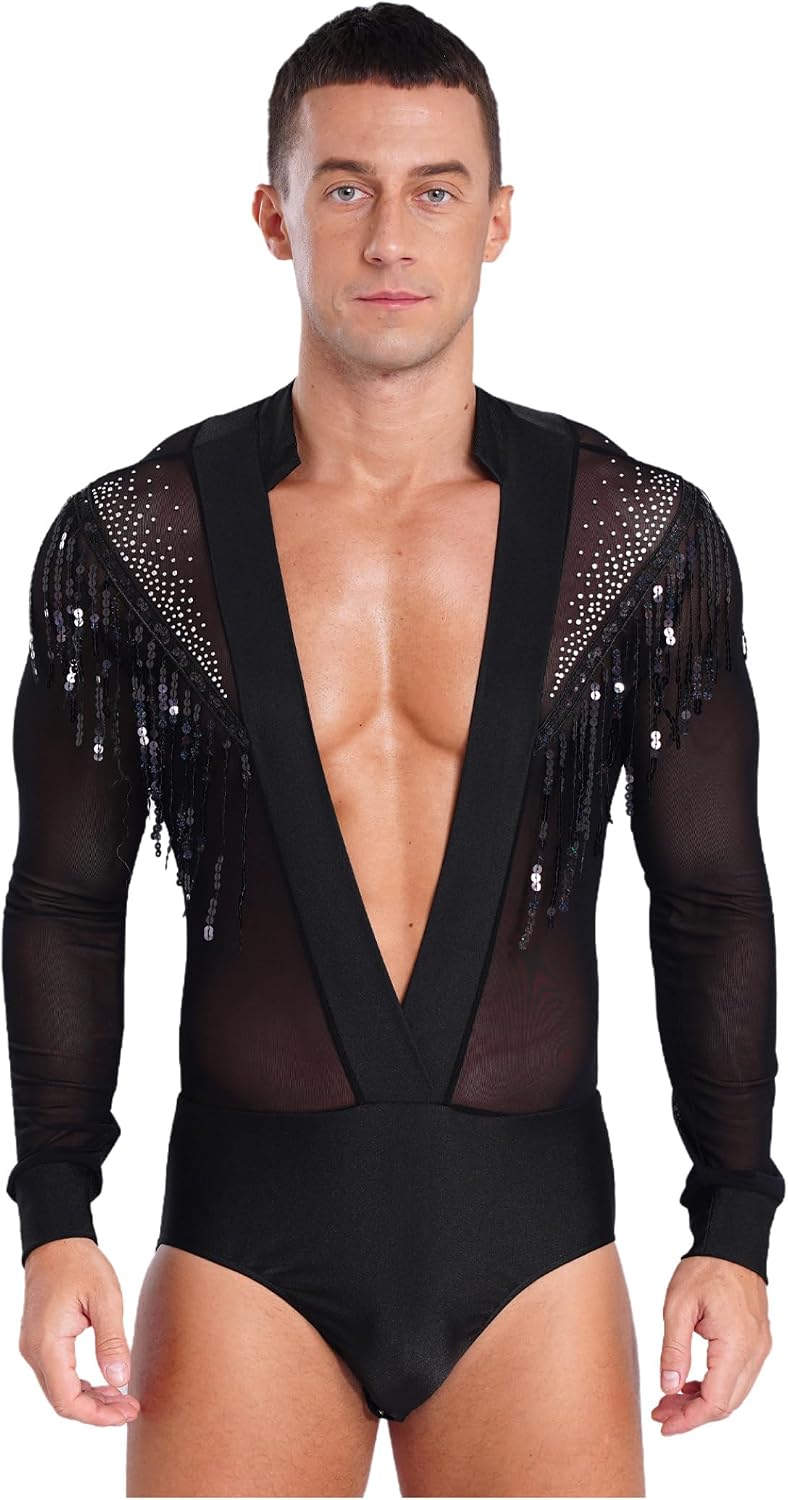 Men's Latin Dance Leotard Shiny Rhinestones Long Sleeve Bodysuit Ballroom Salsa Samba Tops Shirt