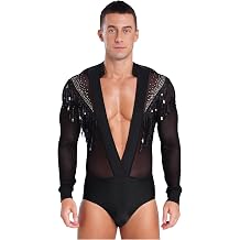 Mens Latin Dance Leotard Shiny Rhinestones Long Sleeve Bodysuit Ballroom Salsa Samba Tops Shirt