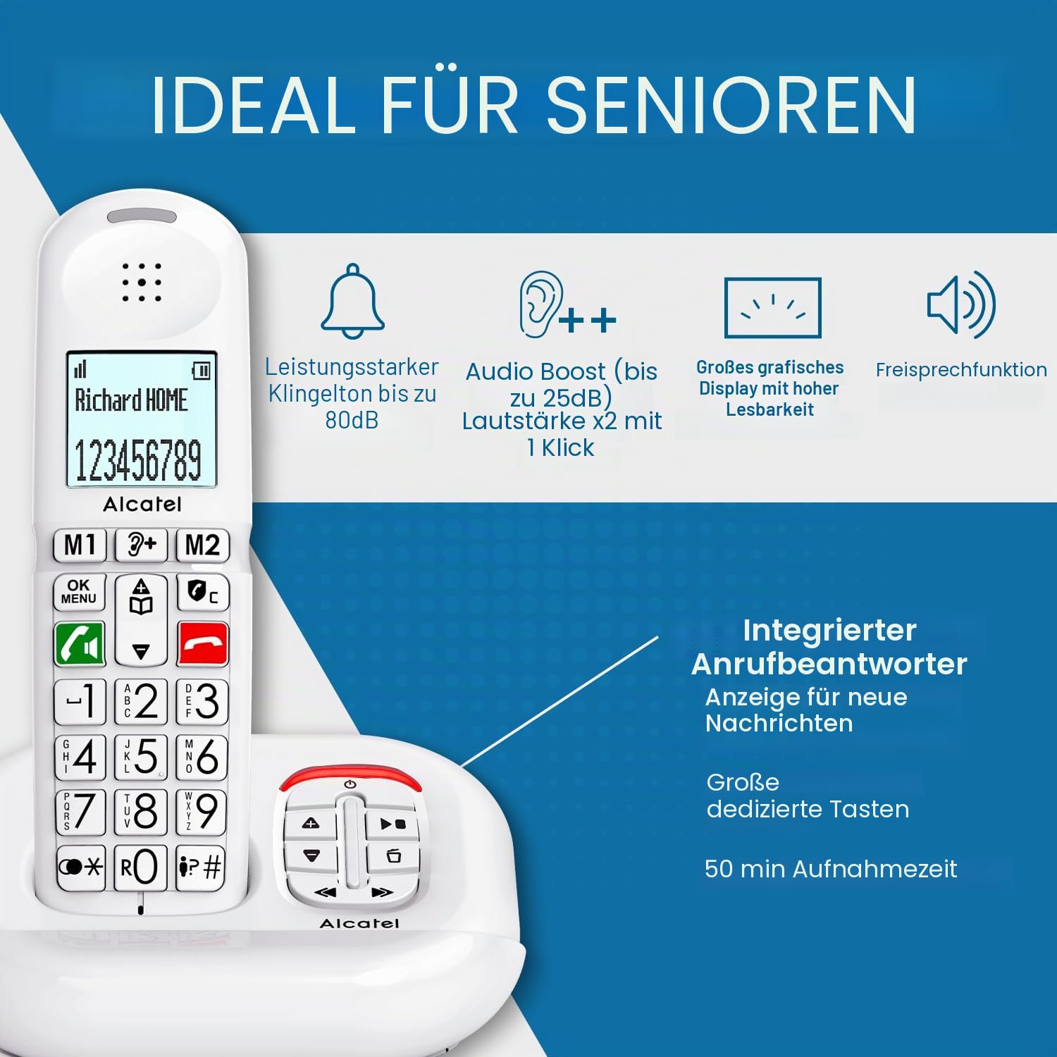 ALCATEL XL685 Voice – Schnurloses Festnetztelefon DECT Senior Format XL mit Anrufbeantworter – Display mit hoher Lesbarkeit – große Tasten – Audio Boost – Freisprecheinrichtung – Anrufsperre – Weiß