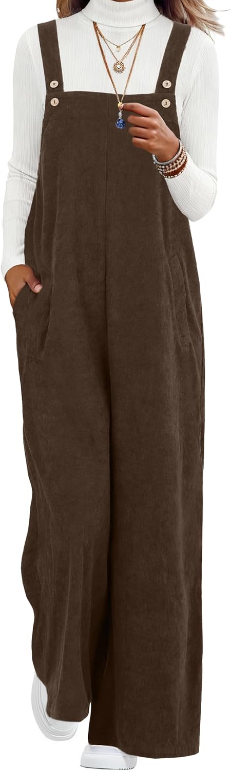 Lepunuo Womens Corduroy Casual Jumpsuits Adjustable Summer Wide Leg Rompers Sleeveless Overalls with Pockets