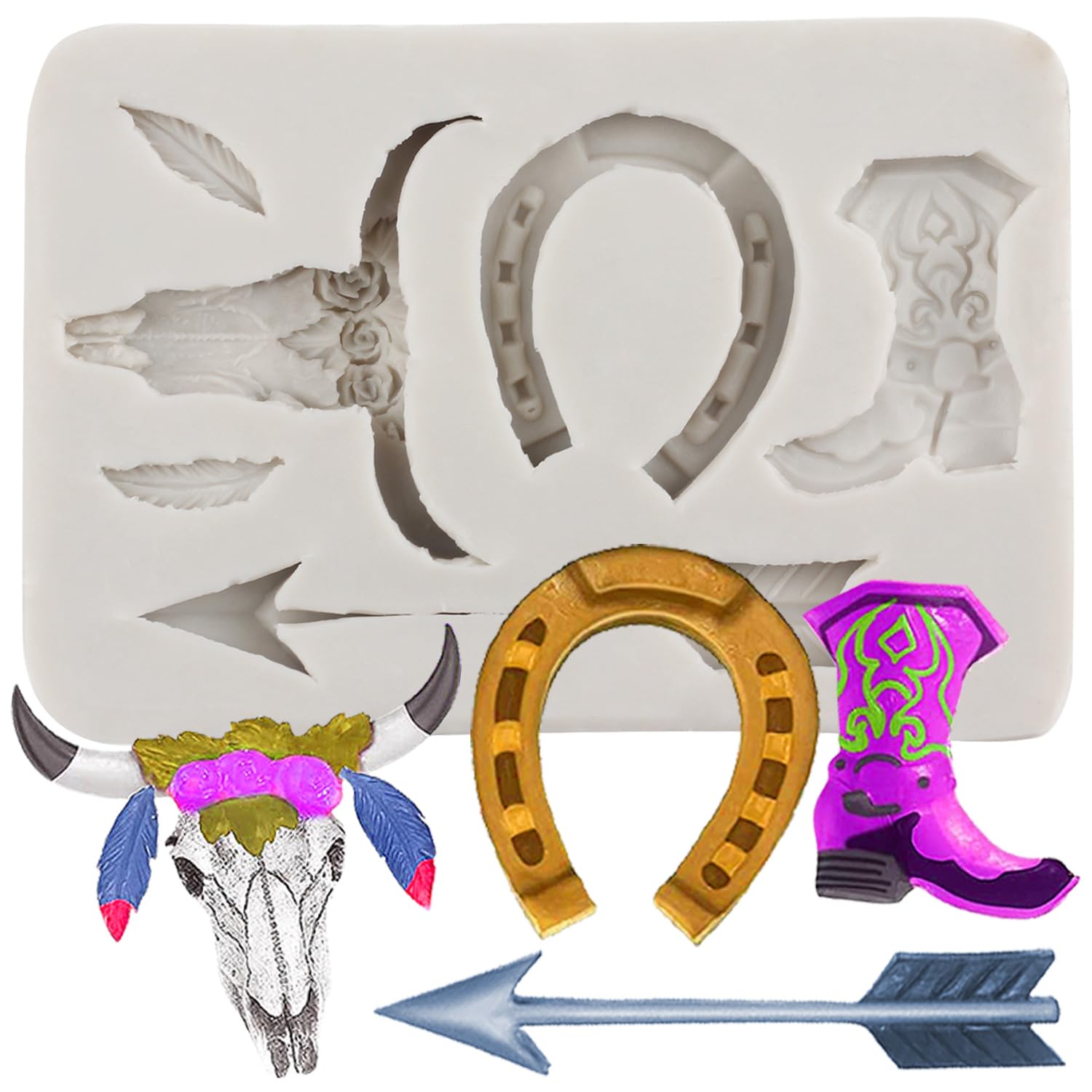Sijiangmold Horseshoe Hoof Silicone Moulds Cowboy Boot Bull Head Fondant Mould Feather Arrow Moulds for Cowboy Theme Cake Decoration Chocolate Cupcake Topper Candy Polymer Clay Gum Paste — image 1