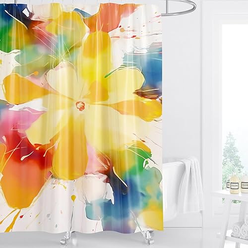 Juego de cortinas de ducha gruesas de granja, acuarela con flores bohemias para decoración de baño, tela impermeable con ganchos (margarita de