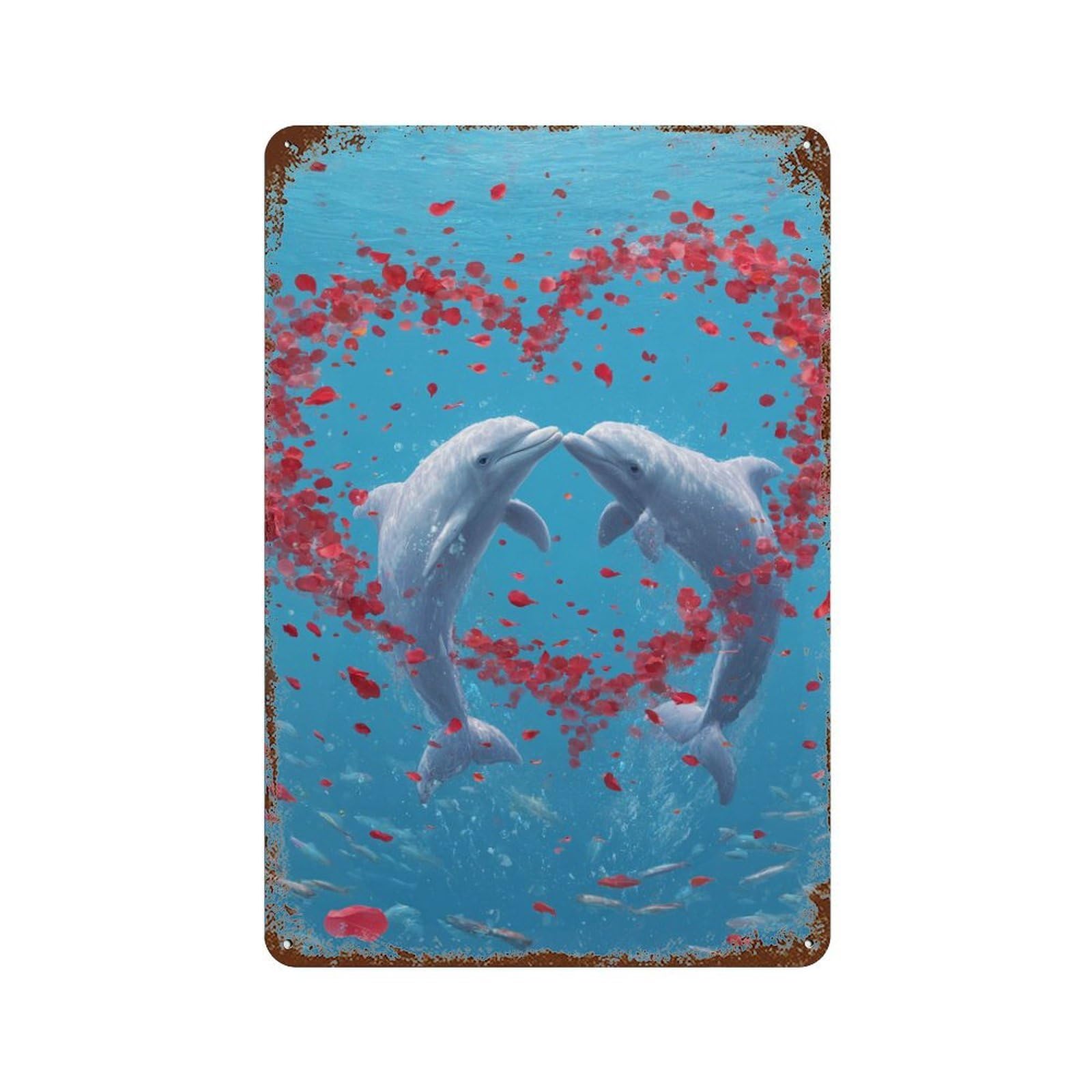 Dolphins Heart-Shaped Petals Ocean Weathered Tin Sign 11.8"x7.9", for Basement, Hobby Room And Garage Decor, Rustic Home Decor
