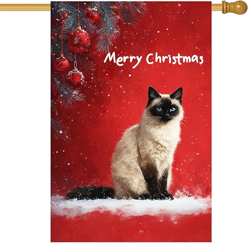 BlissYard Christmas House Flag 28x40 Inch Siamese Cat Snow Yard Decor