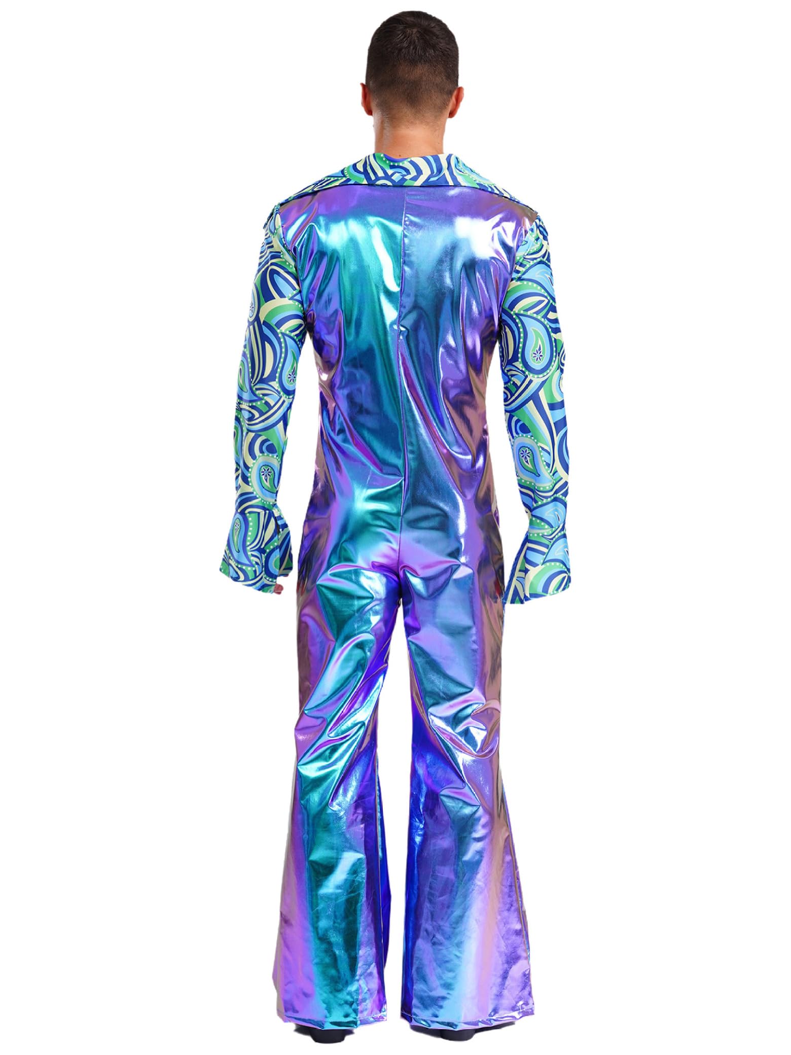 Herren Metallic Jumpsuit Glitzer 70er 80er Jahre Hippie Disco Outfit Overall Mit Schlag Festival Party Fasching Clubwear