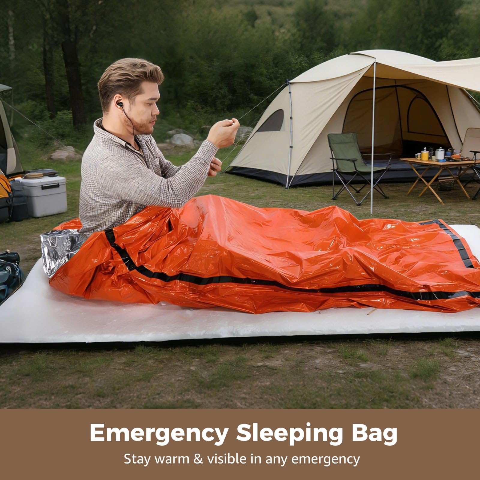 Notfall-Schlafsack, tragbar, thermisch, wasserdicht, Biwy-Sack, 210,1 x 89,9 cm, laute Überlebenspfeife und Aufbewahrungstasche mit Kordelzug, für Camping, Wandern, Notfallvorsorge, Orange, 12
