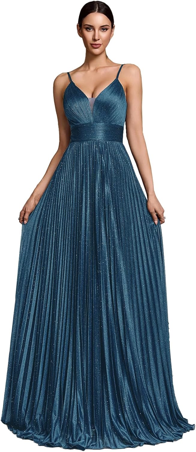 BluePlum Sexy Backless Maxi Formal Dress for Women with Sequin, Sleeveless Pleated Evening Gowns for Wedding and Cocktail