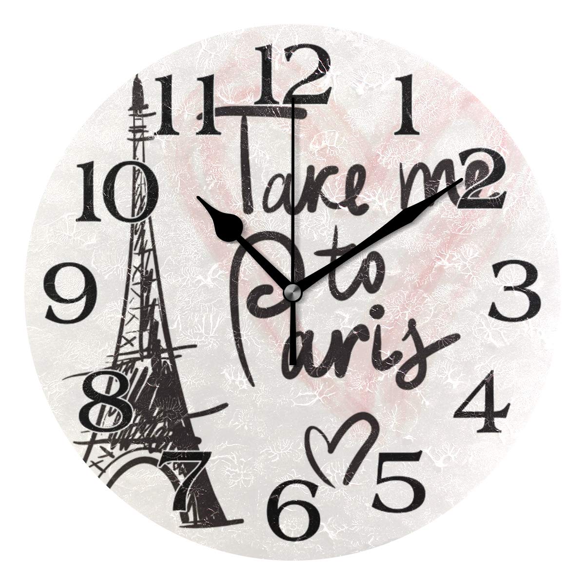 Linomo Multicolor Take Me To Paris Eiffel Tower Wall Clock Decor, Silent Non Ticking Round Clock Quiet For Kitchen Living Room Bedroom Bathroom Office