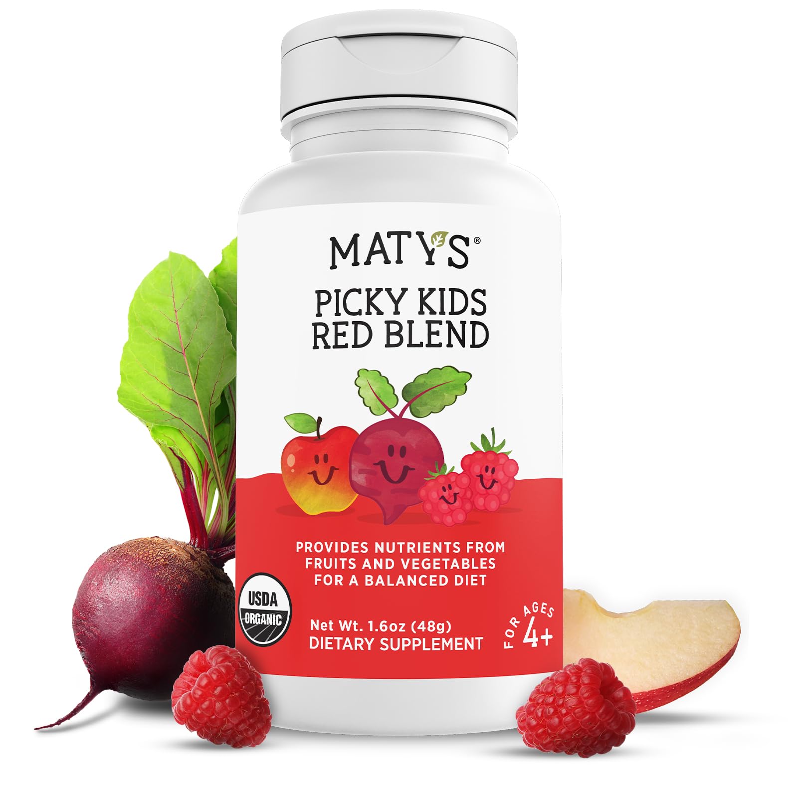 Matys Organic Picky Kids Red Blend, Fruit and Veggie Powder Supplement, Picky Eater Vitamins for Kids 4 Years +, Childrens Superfoods Powder for Meals with Berries, Beets, & Bananas, 1.6 Ounces