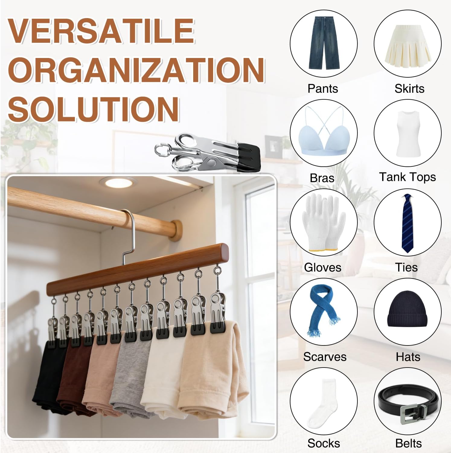2Pcs Closet Organizer with 10 Clips, Legging Hangers for Closet Organizer, 360° Rotating Metal Clips with Silicone Lining, Multi-Purpose Storage Hanger for Jeans Skirts Socks (Vintage)